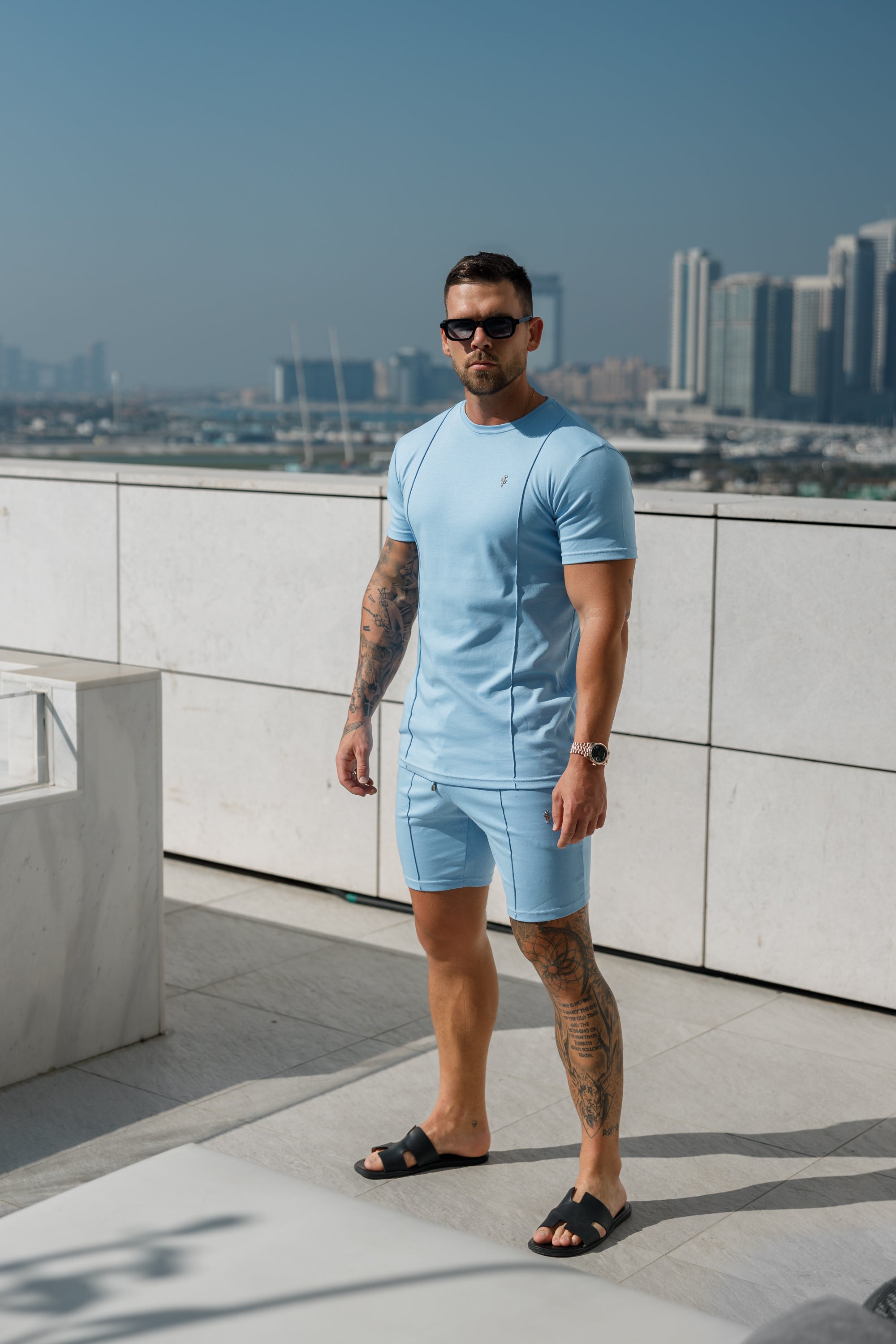 Light Blue / Silver Crew T Shirt With Pintuck Detail - FSH1051