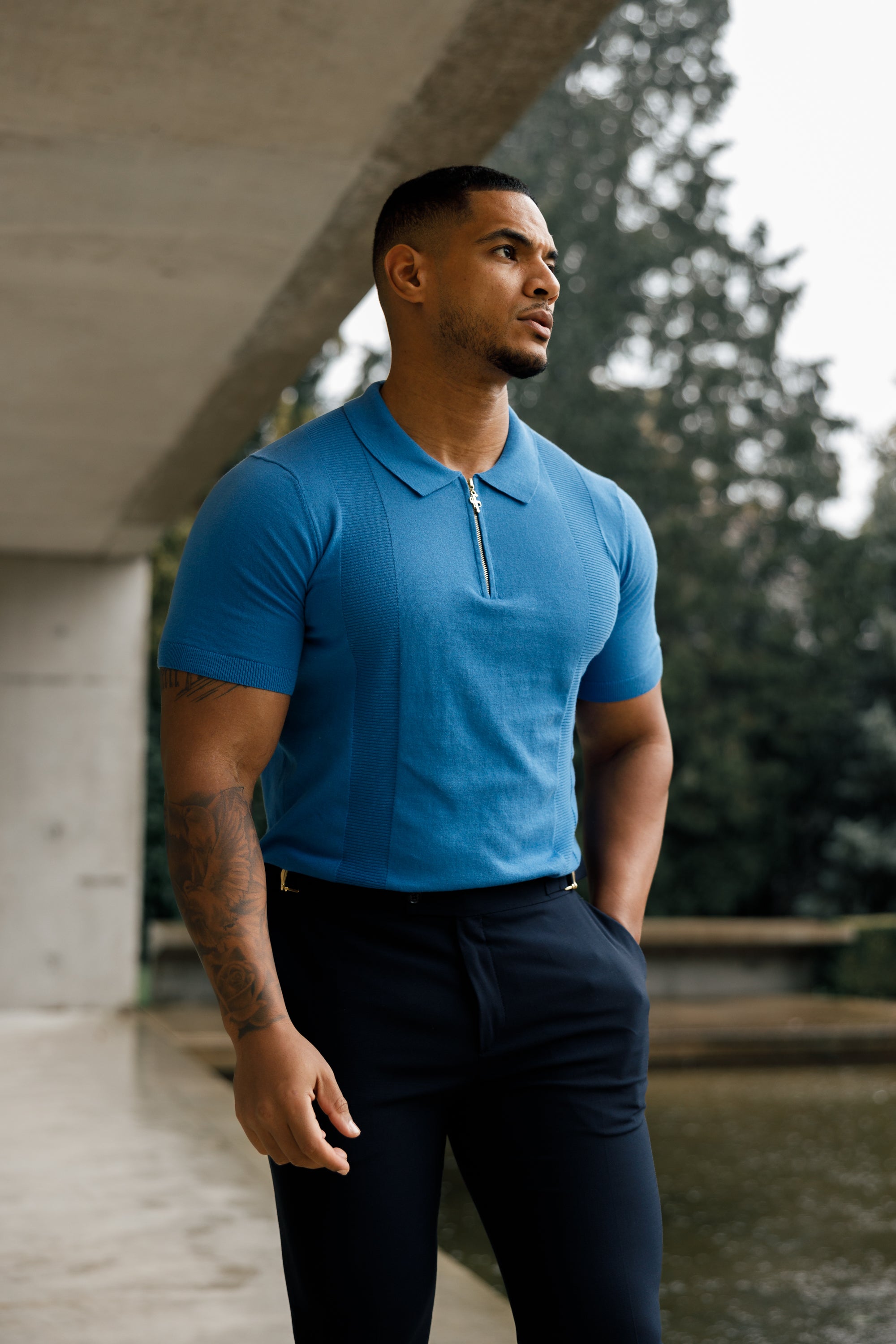 Classic Mid Blue and Gold Zip Knitted Polo Shirt Short Sleeve  - FSN134