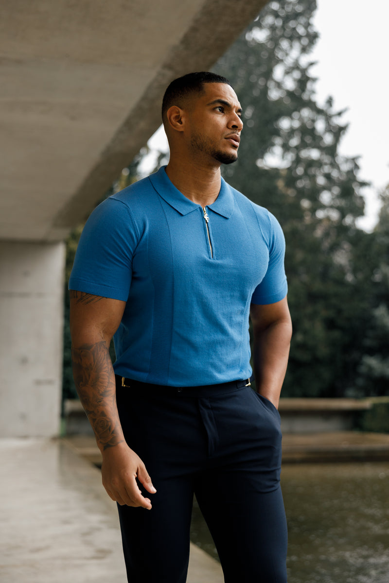 Father Sons Classic Mid Blue and Gold Zip Knitted Polo Shirt Short Sleeve  - FSN134