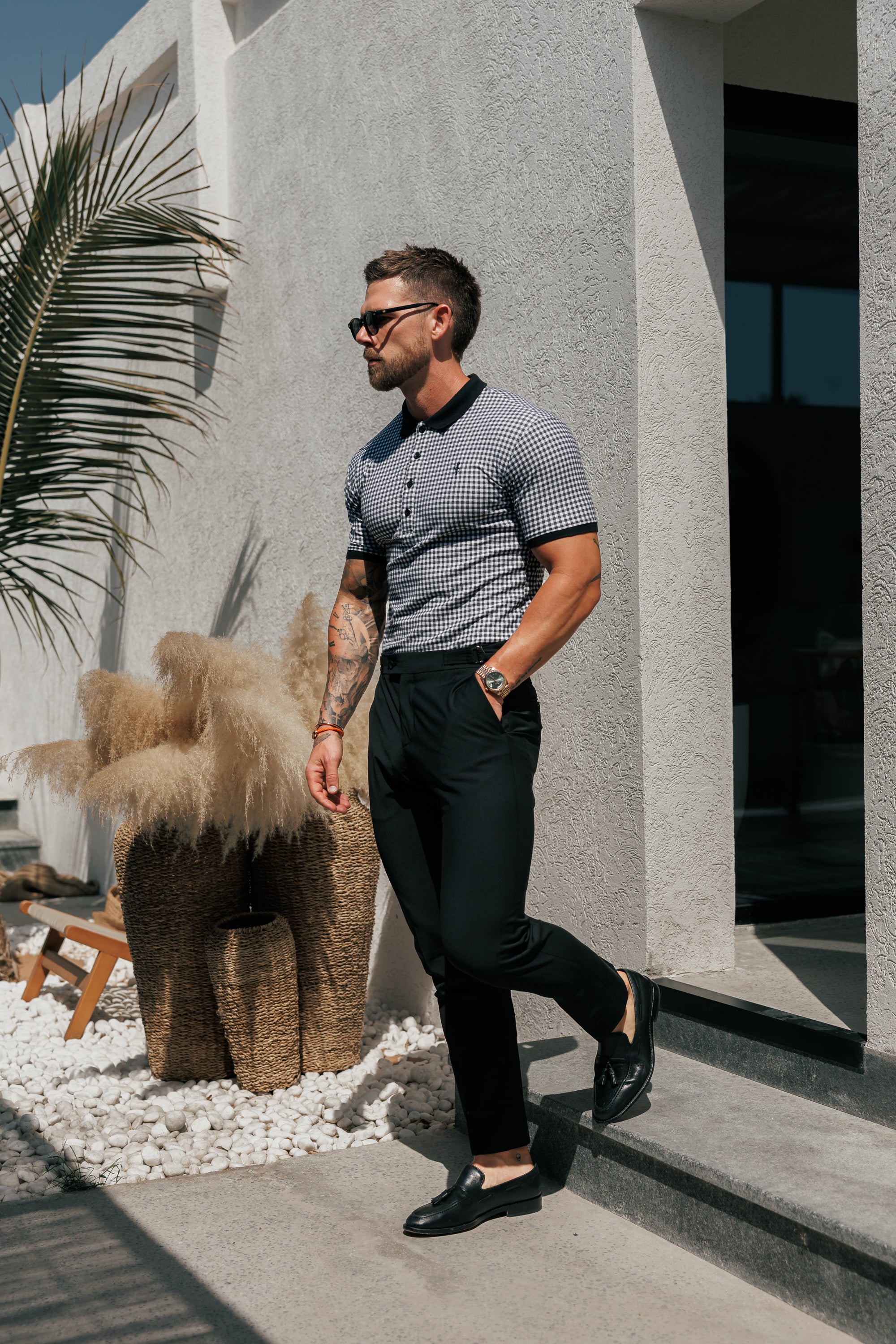 Black / White Printed Check Polo Shirt - FSH1260