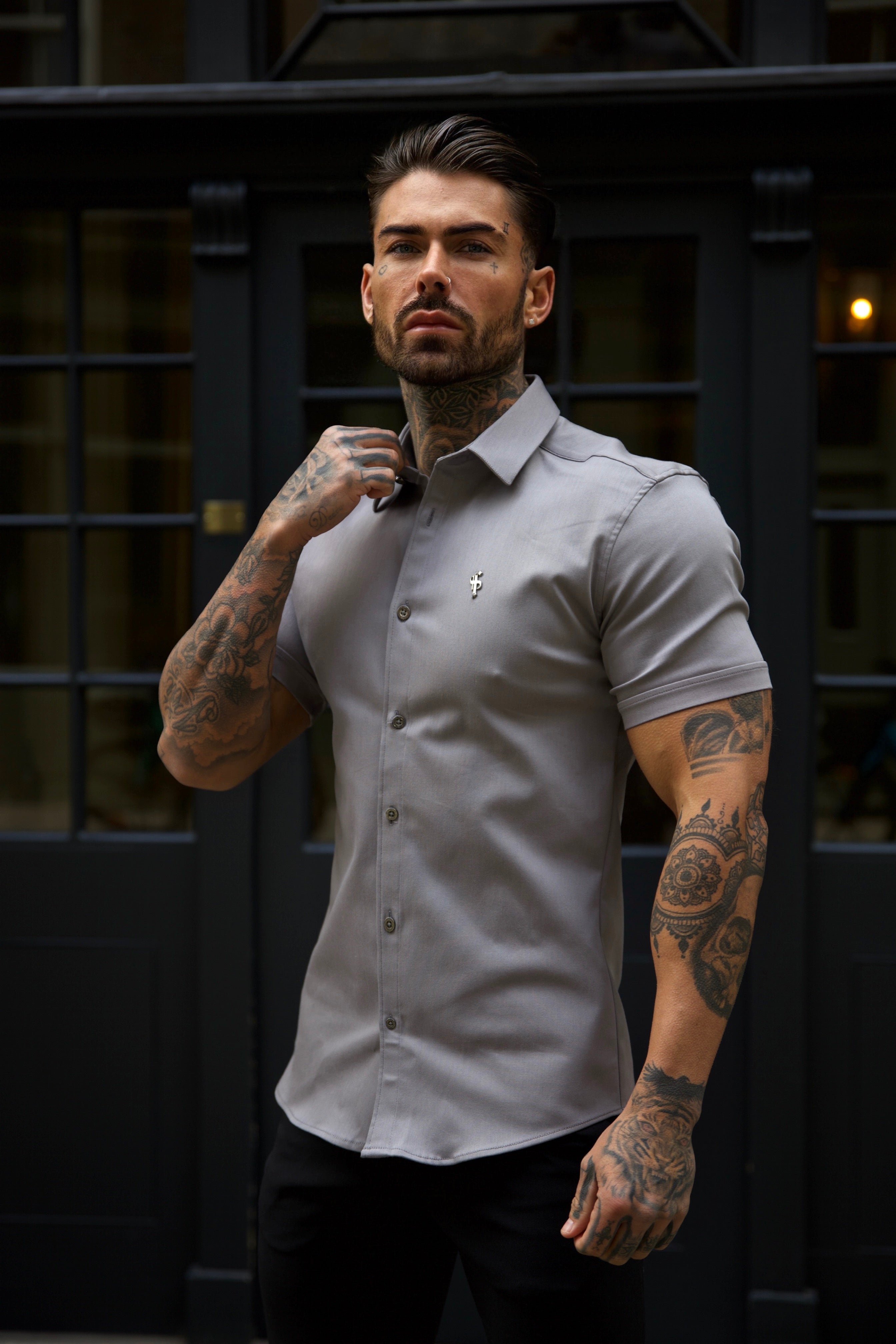 Super Slim Stretch Mid Grey Denim Short Sleeve With Metal Buttons and Decal - FS1023