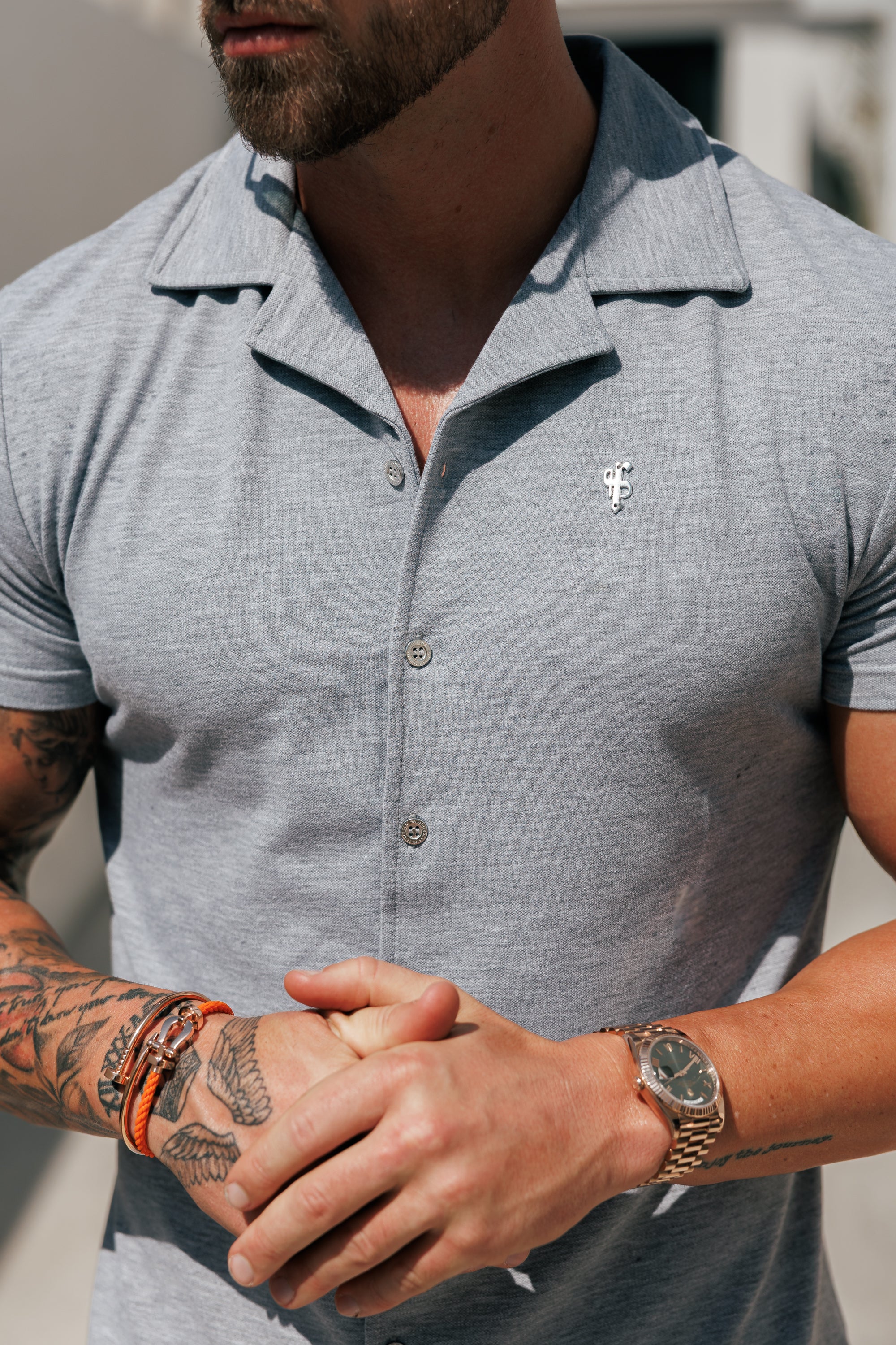 Stretch Light Grey / Silver Pique Revere Shirt Short Sleeve - FSH1357