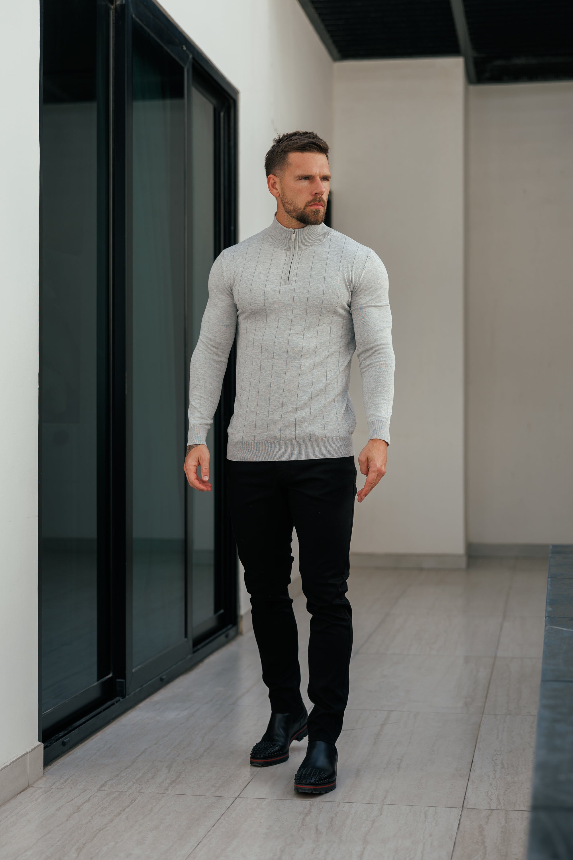 Self Stripe 1/4 Zip Funnel Neck Knit Jumper Silver Grey Long Sleeve  -  FSR051