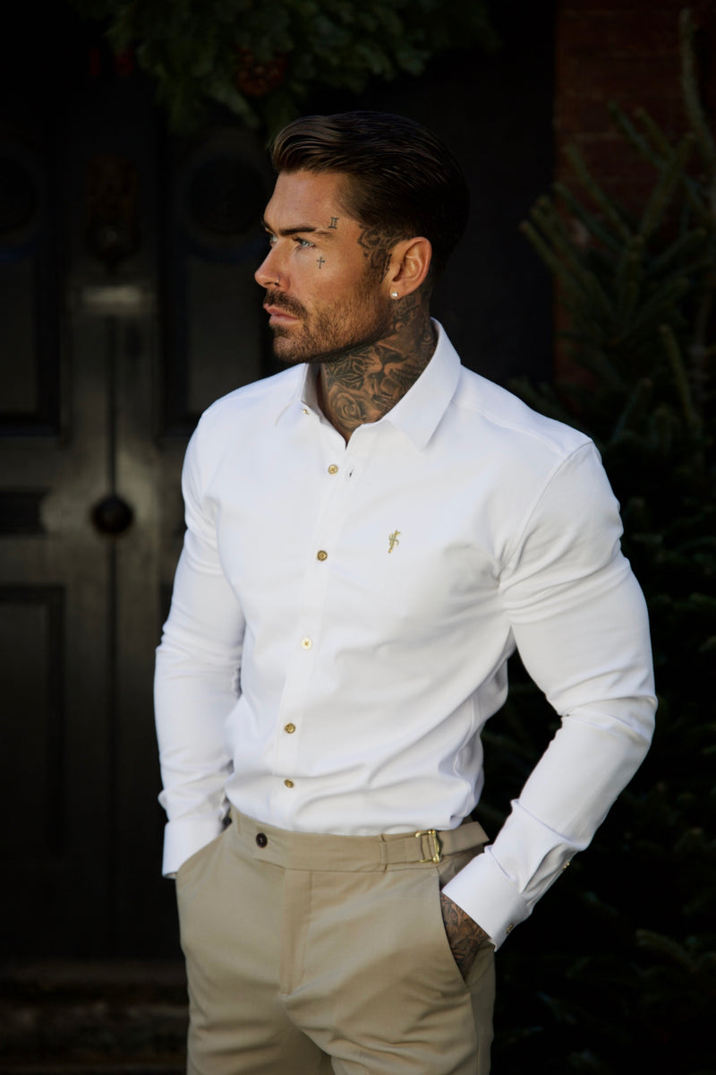 Father Sons Super Slim Stretch White Denim Long Sleeve with Gold Metal Decal and Buttons - FS925