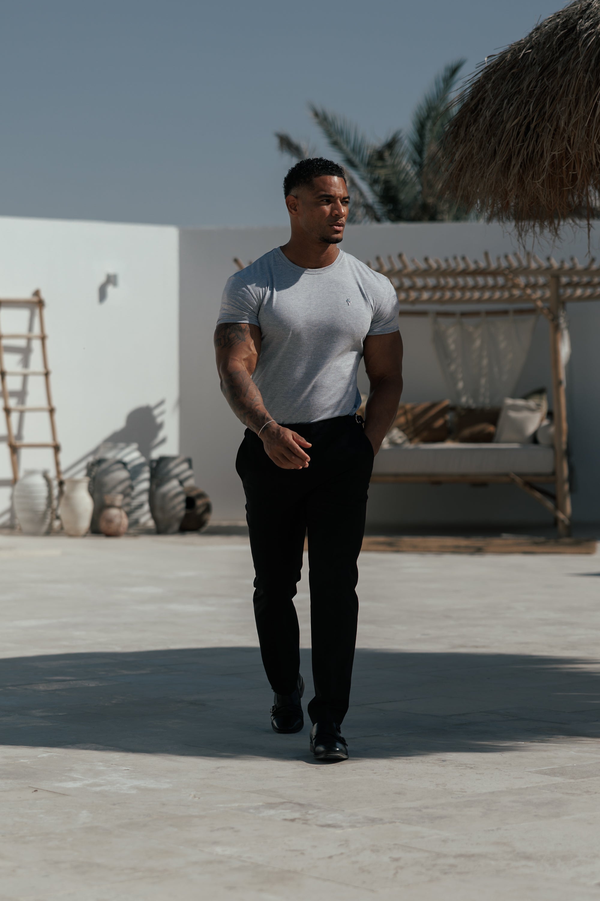 Light Grey Crew Neck Tshirt with Silver Metal Emblem Decal - FSH1452