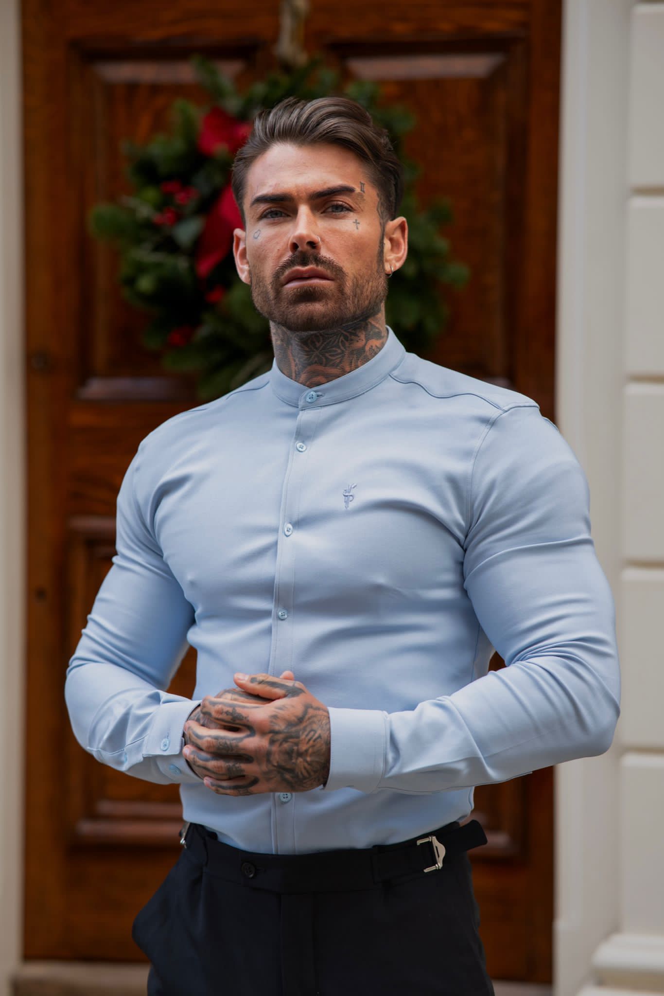 Super Slim Scuba Light Blue Long Sleeve Stretch With Grandad Collar - FS1002