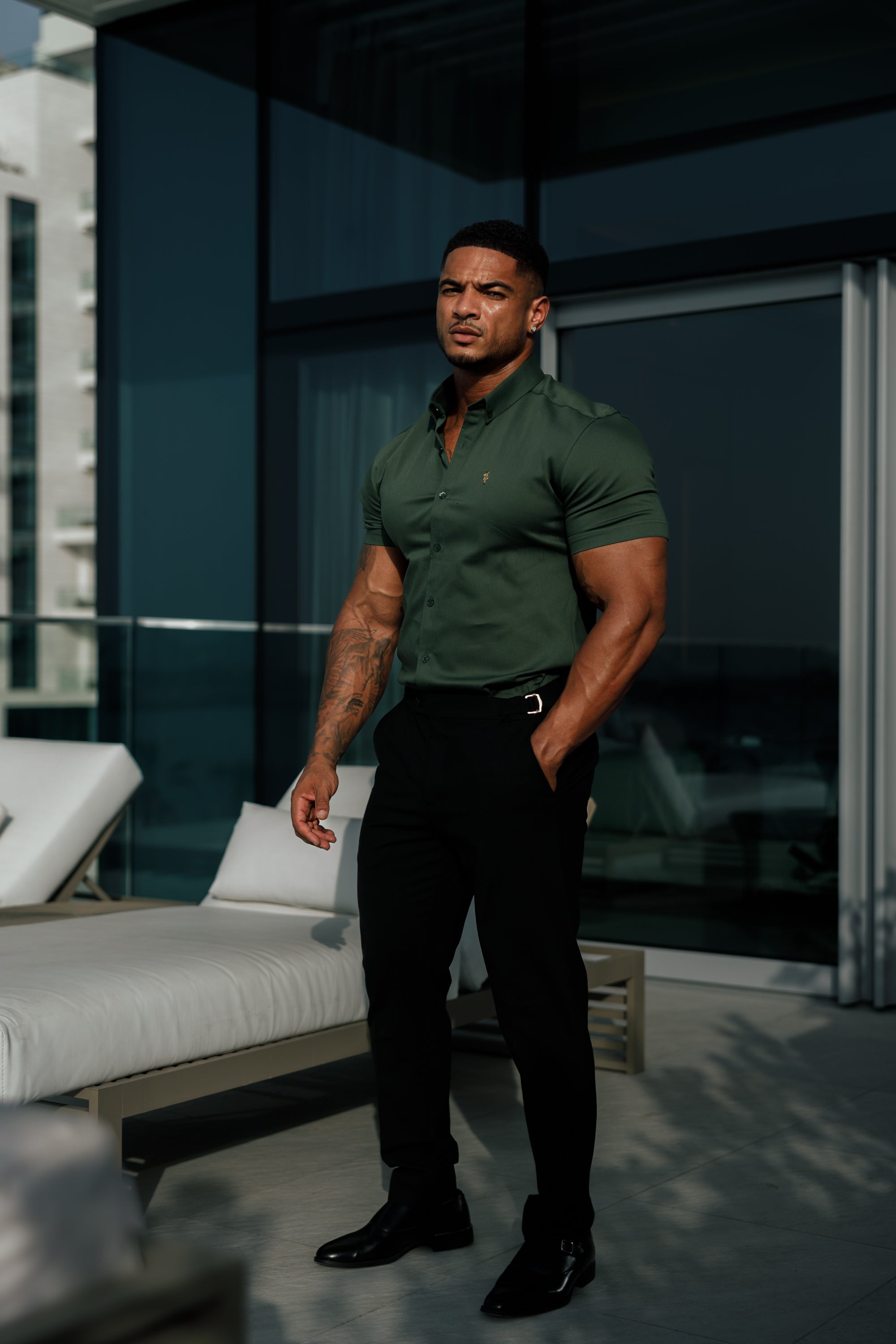 Super Slim Stretch Khaki Denim Short Sleeve with Gold Metal Decal and Button Down Collar - FS1043