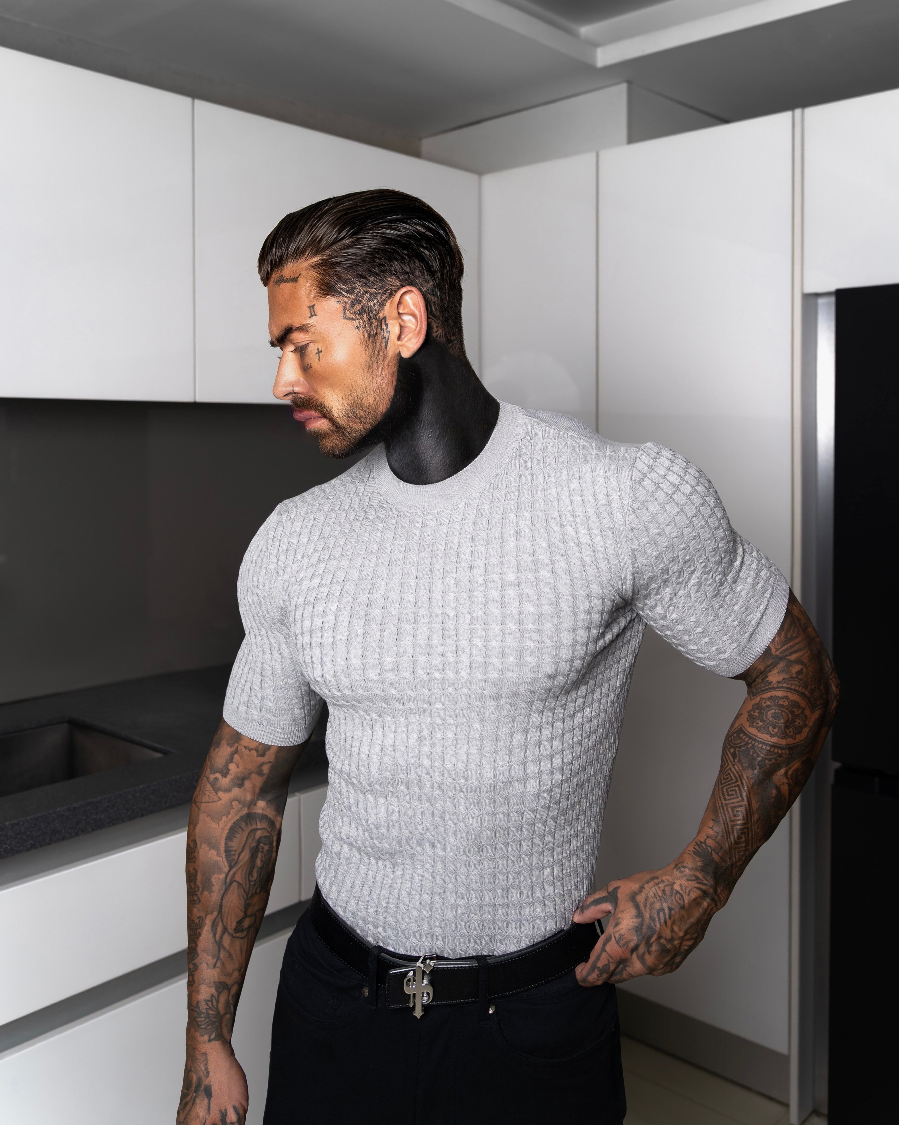 Front Chain Knit Crew Tshirt Silver Grey Short Sleeve  -  FSR056