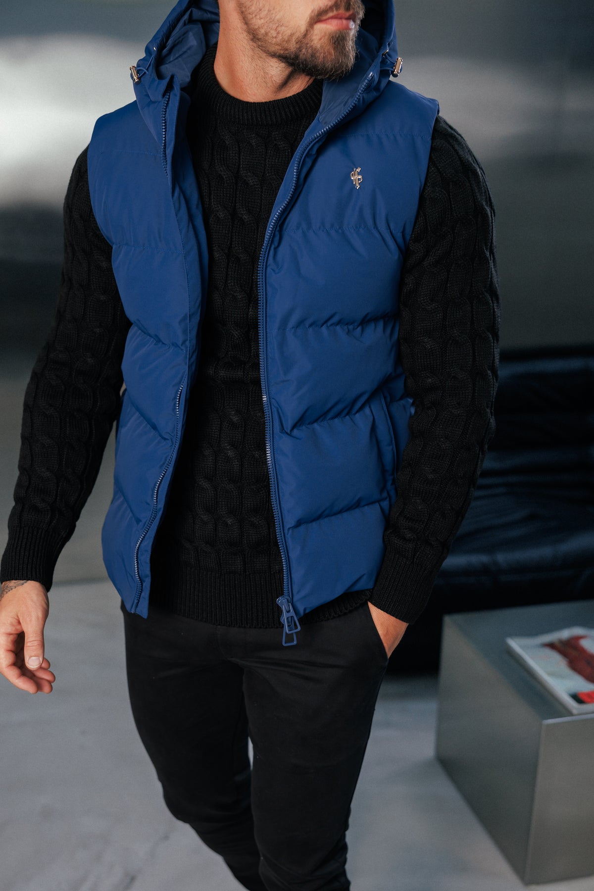 Navy Padded Hooded Gilet - FSN242