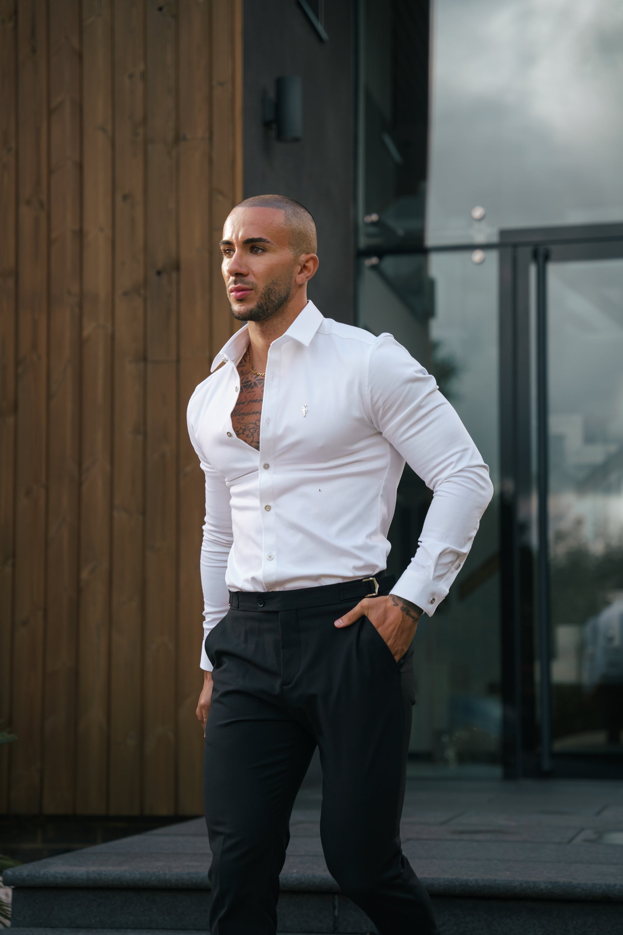 Super Slim Stretch White Denim Long Sleeve with Silver Metal Decal and Buttons - FS1111