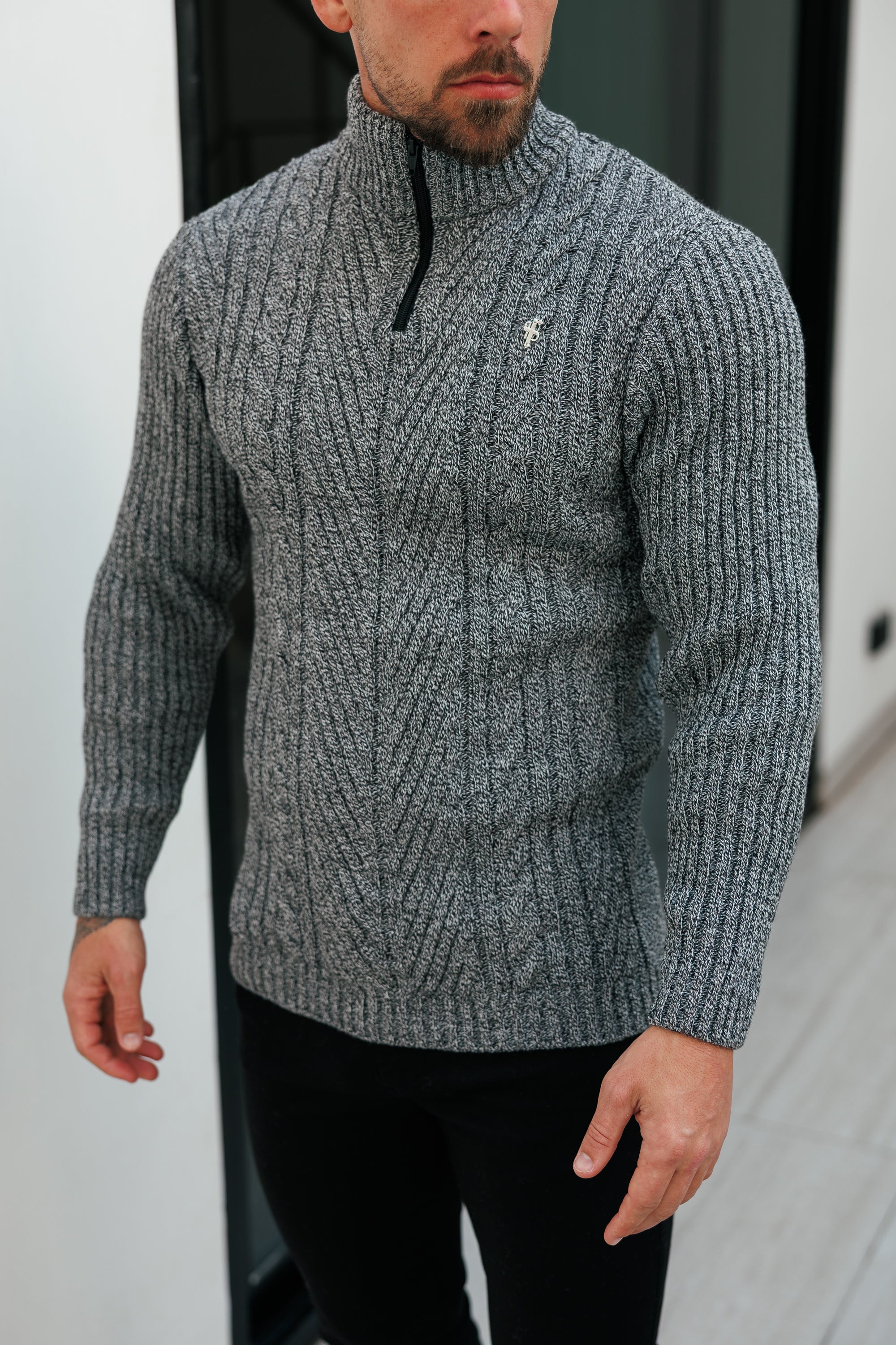 Funnel Neck Jumper with Quarter Zip Black / White Two Tone - FSJ154