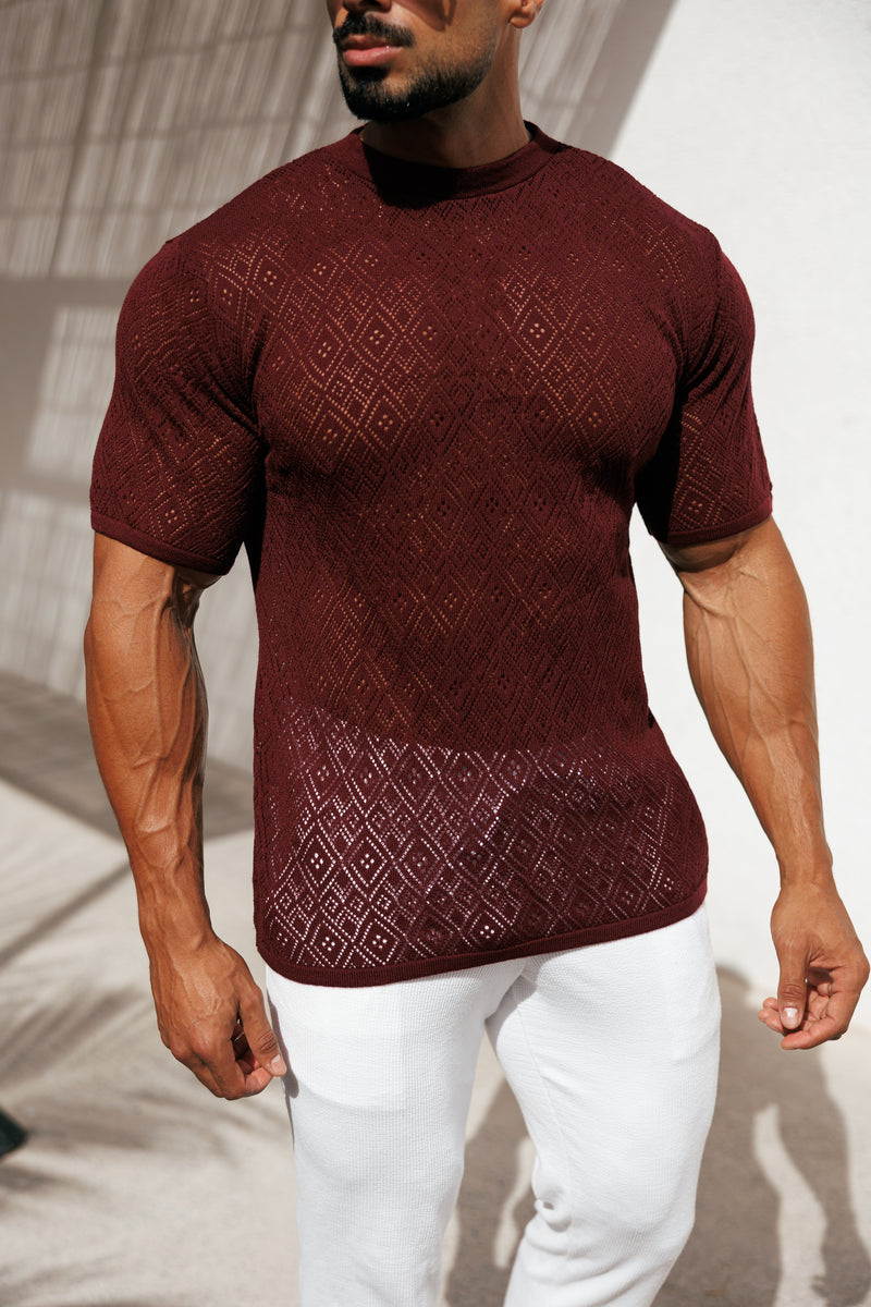 Father Sons Crochet Crew T-Shirt Burgundy Short Sleeve - FSJ089
