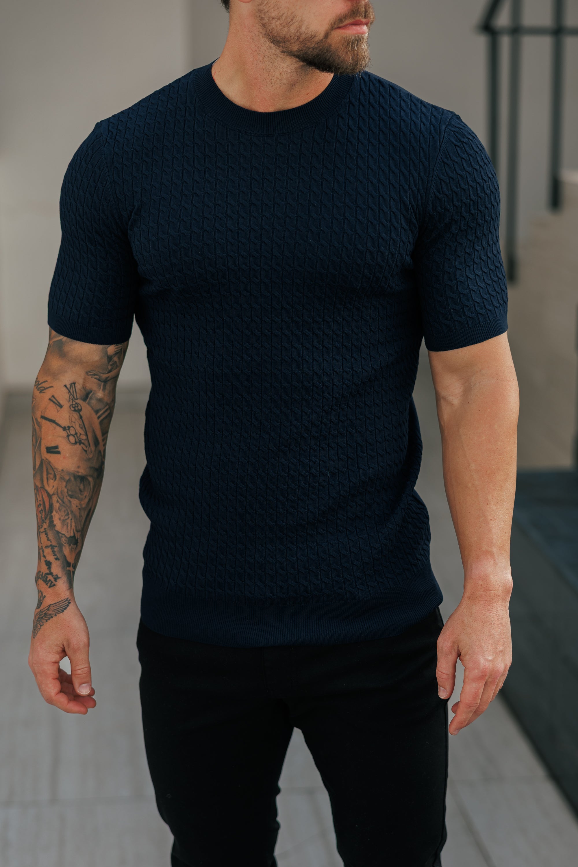 Front Chain Knit Crew Tshirt Navy Short Sleeve  -  FSR054