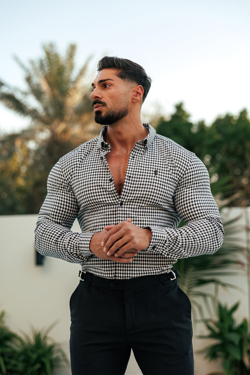 FS Super Slim Stretch White / Black Check Long Sleeve with Button Down Collar - FS1069