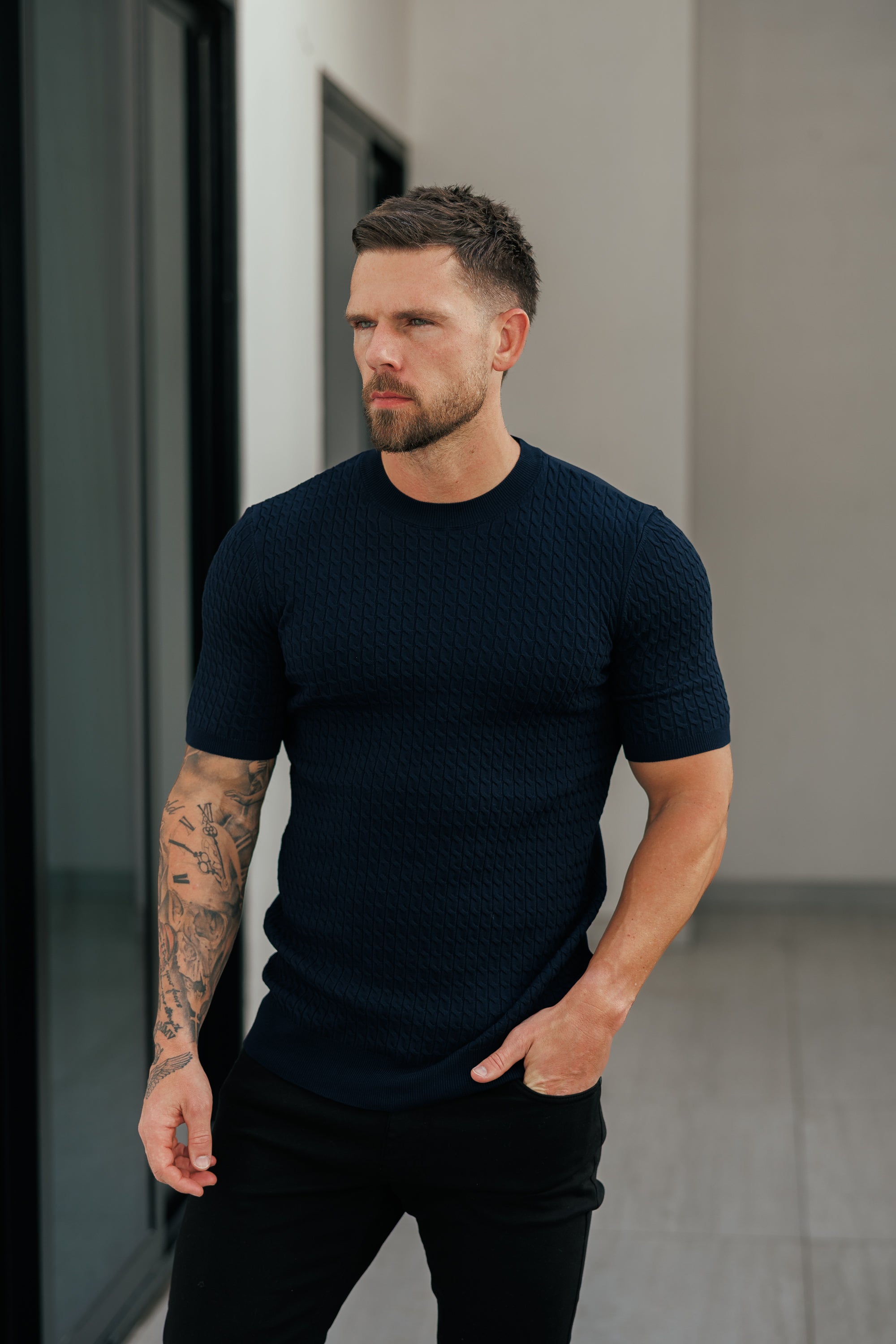 Front Chain Knit Crew Tshirt Navy Short Sleeve  -  FSR054