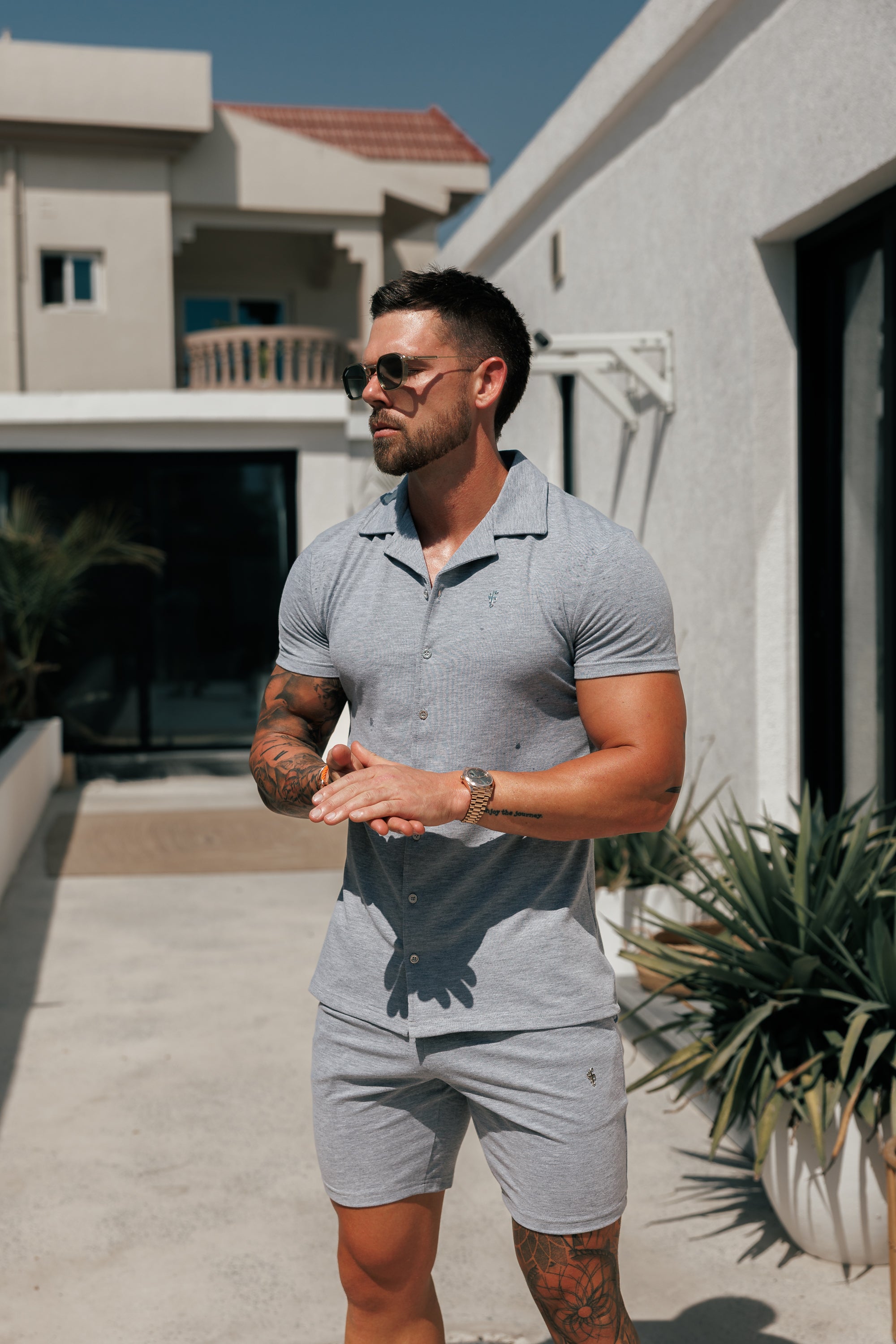 Stretch Light Grey / Silver Pique Revere Shirt Short Sleeve - FSH1357