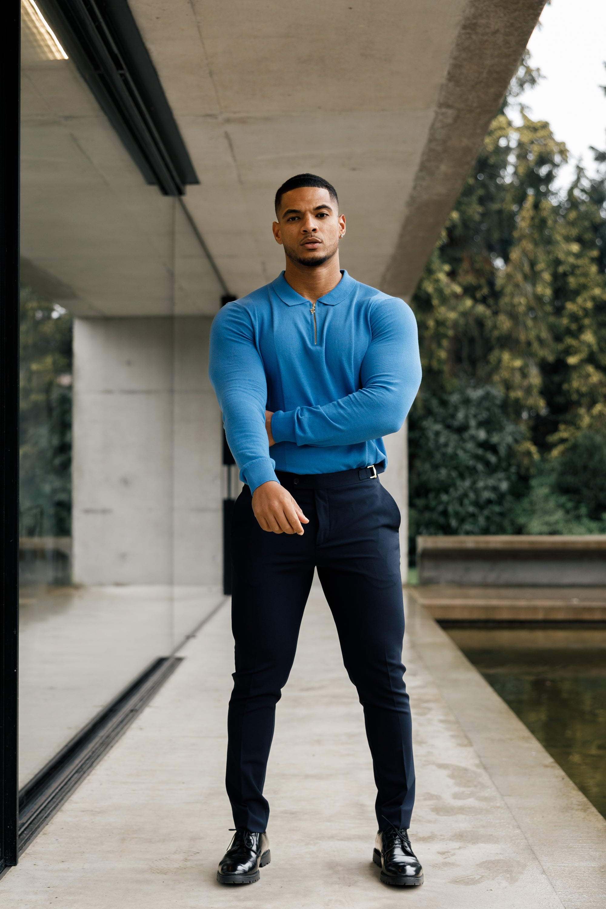 Classic Mid Blue and Gold Zip Knitted Polo Shirt Long Sleeve - FSN129