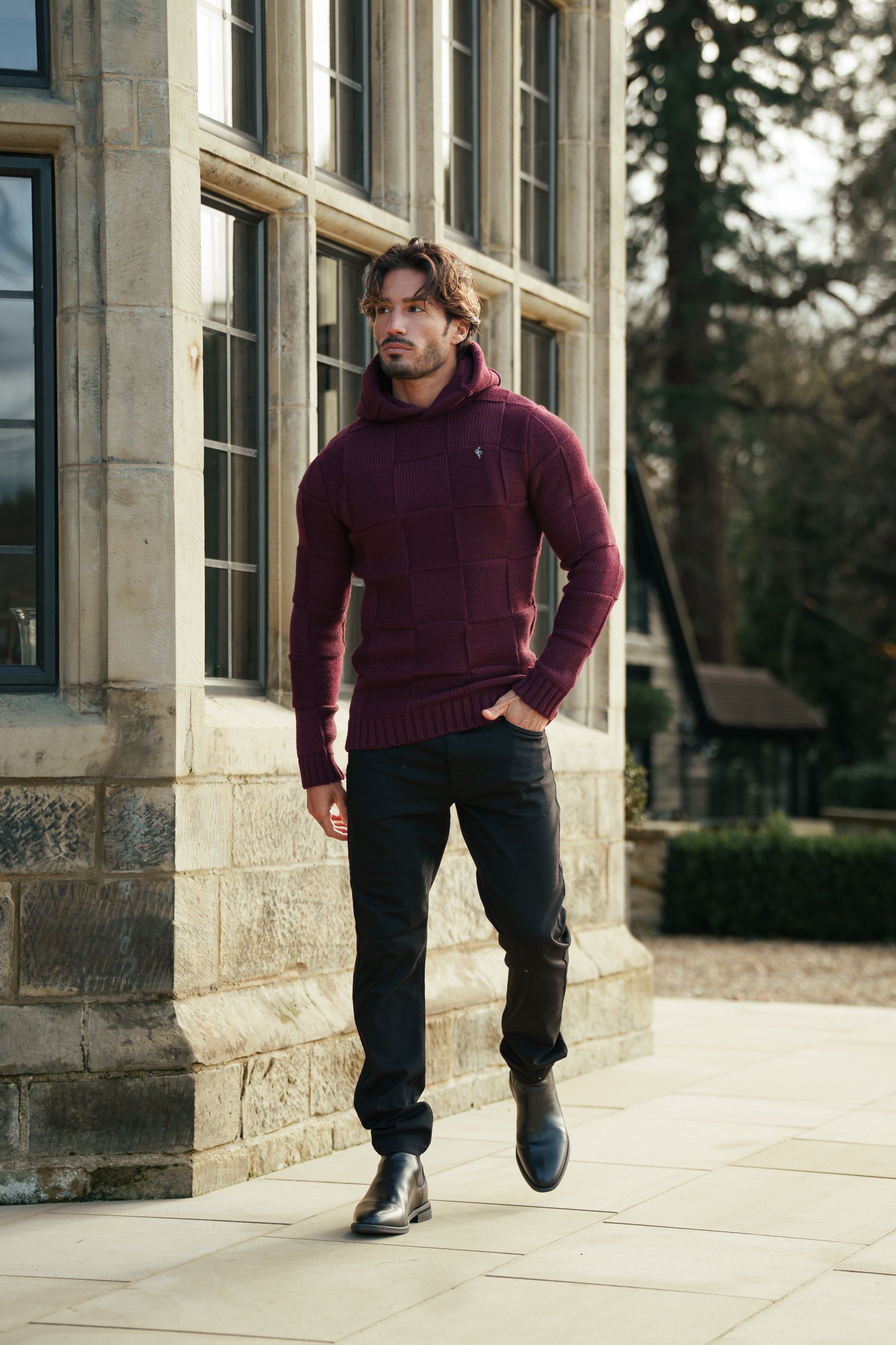 Wine Checkerboard Knitted Hoodie - FSJ139