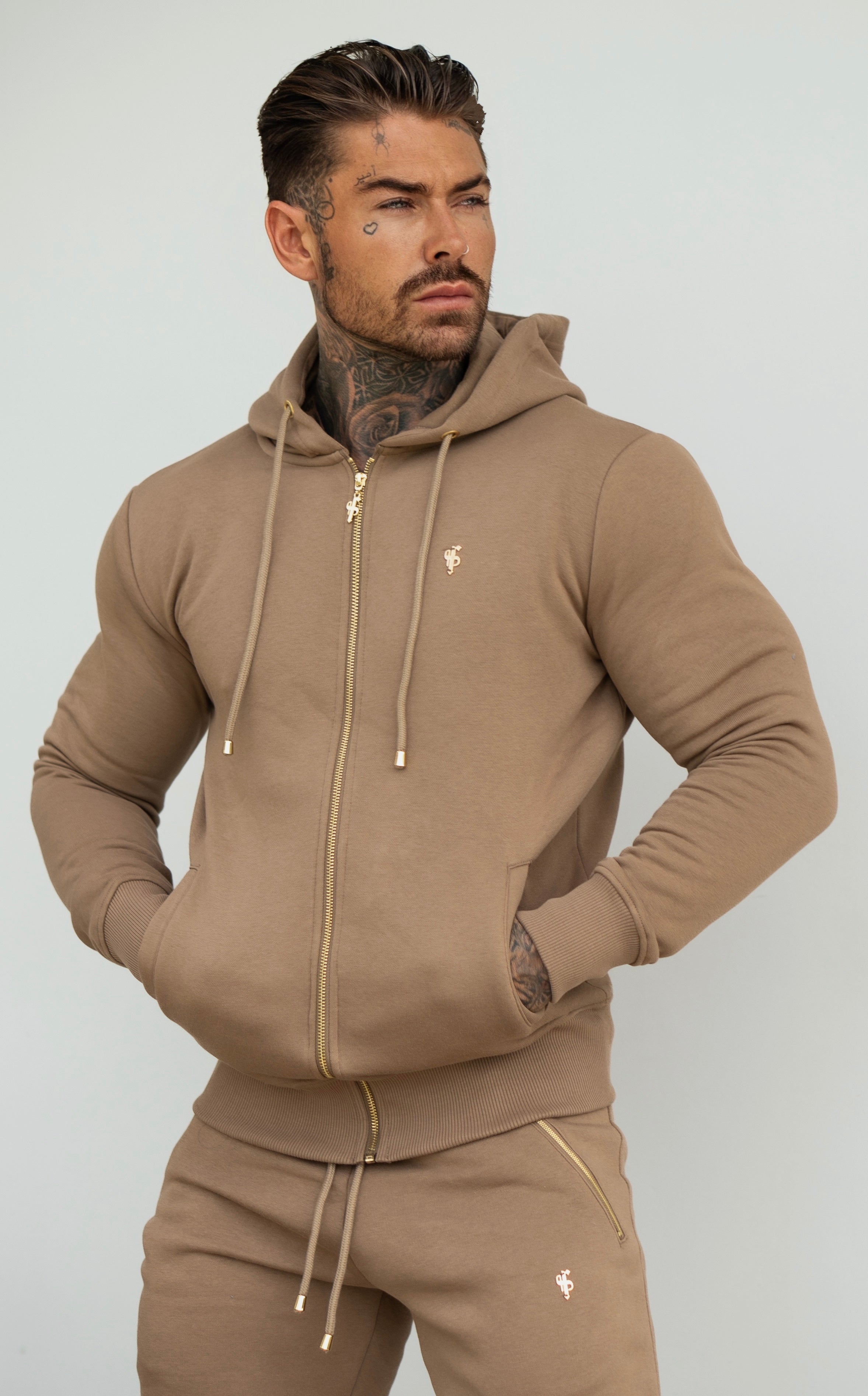 Taupe / Gold Full Zip Hoodie with Pockets - FSH1248