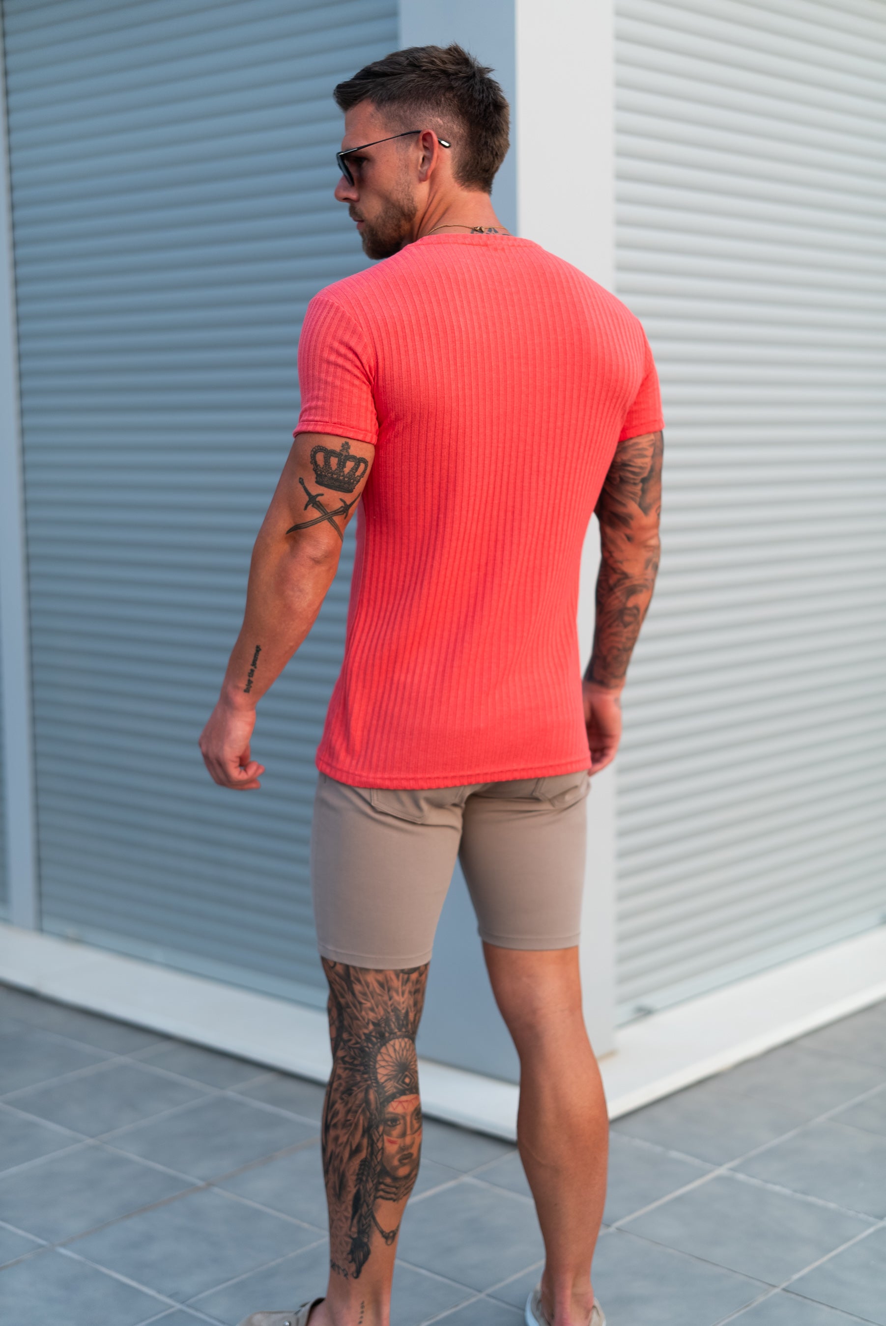 Super Slim Coral / Silver V Neck Ribbed Crew - FSH1365