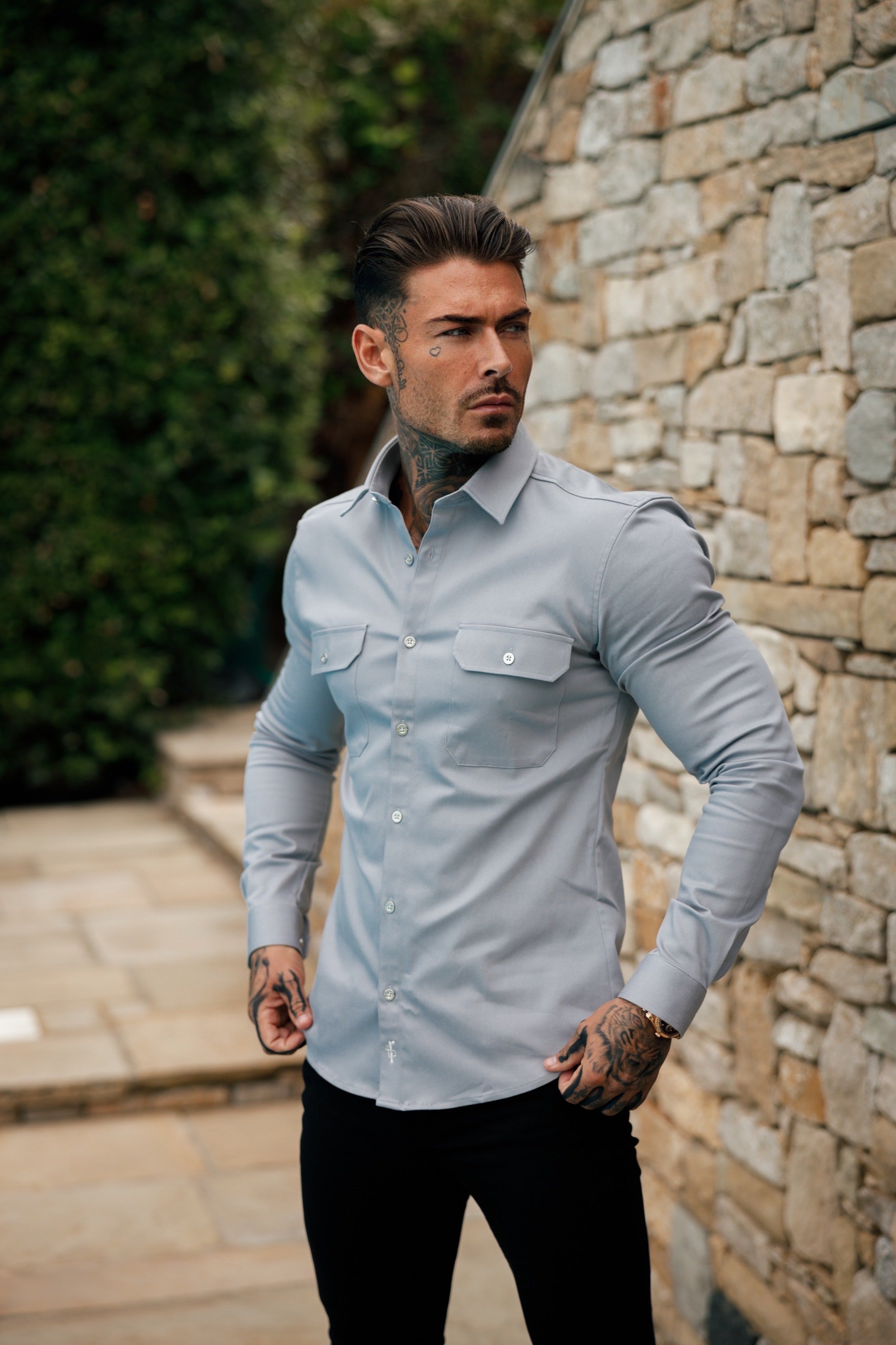 Super Slim Stretch Grey  / Silver Denim Shacket - FS927