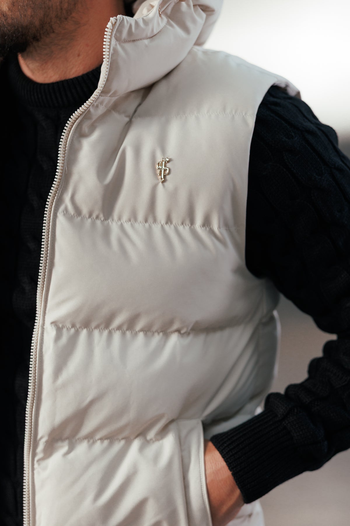 Light Beige Padded Hooded Gilet - FSN243
