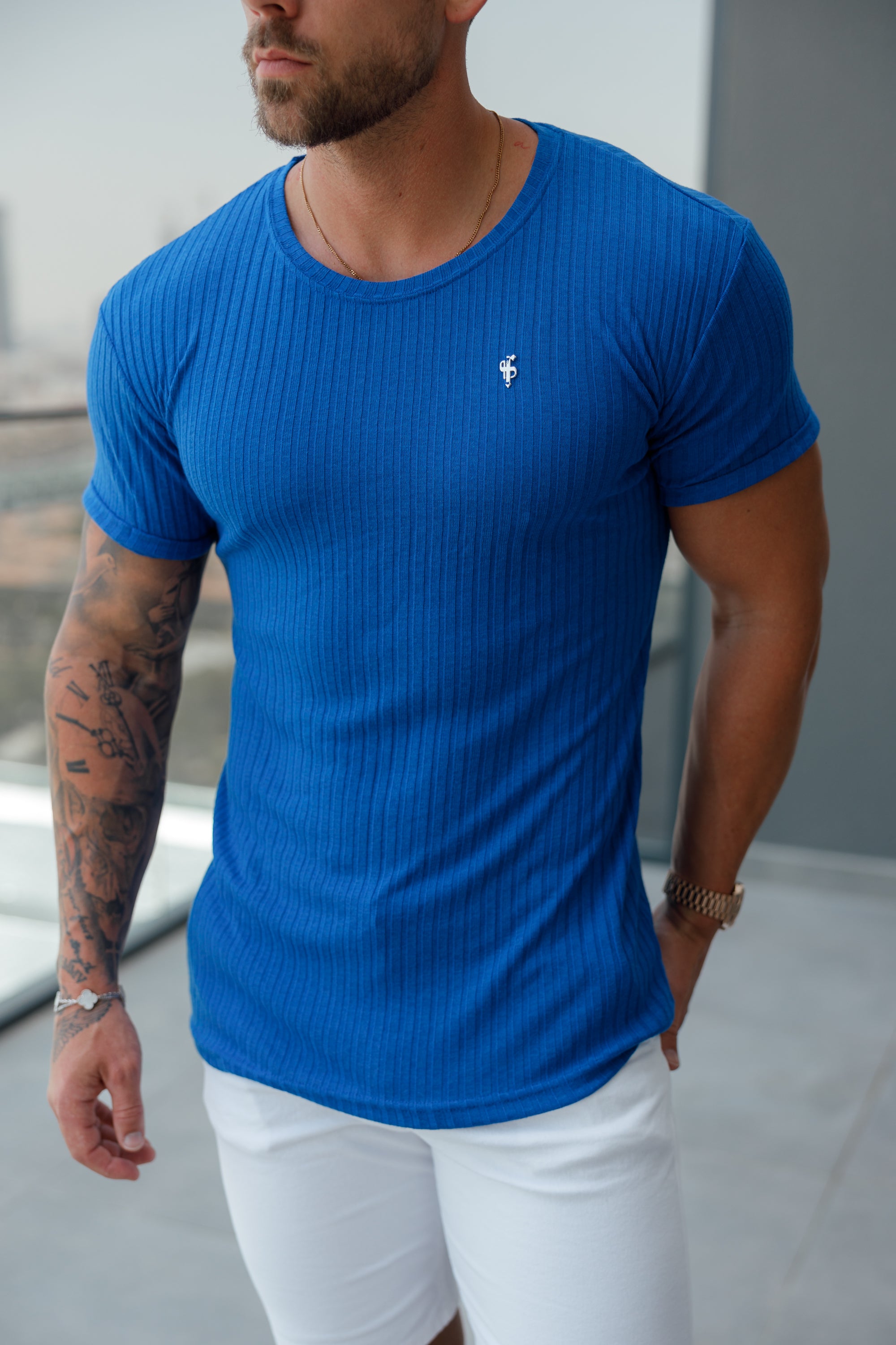 Classic Royal Blue / Silver Ribbed Knit Super Slim Short Sleeve Crew - FSH1091