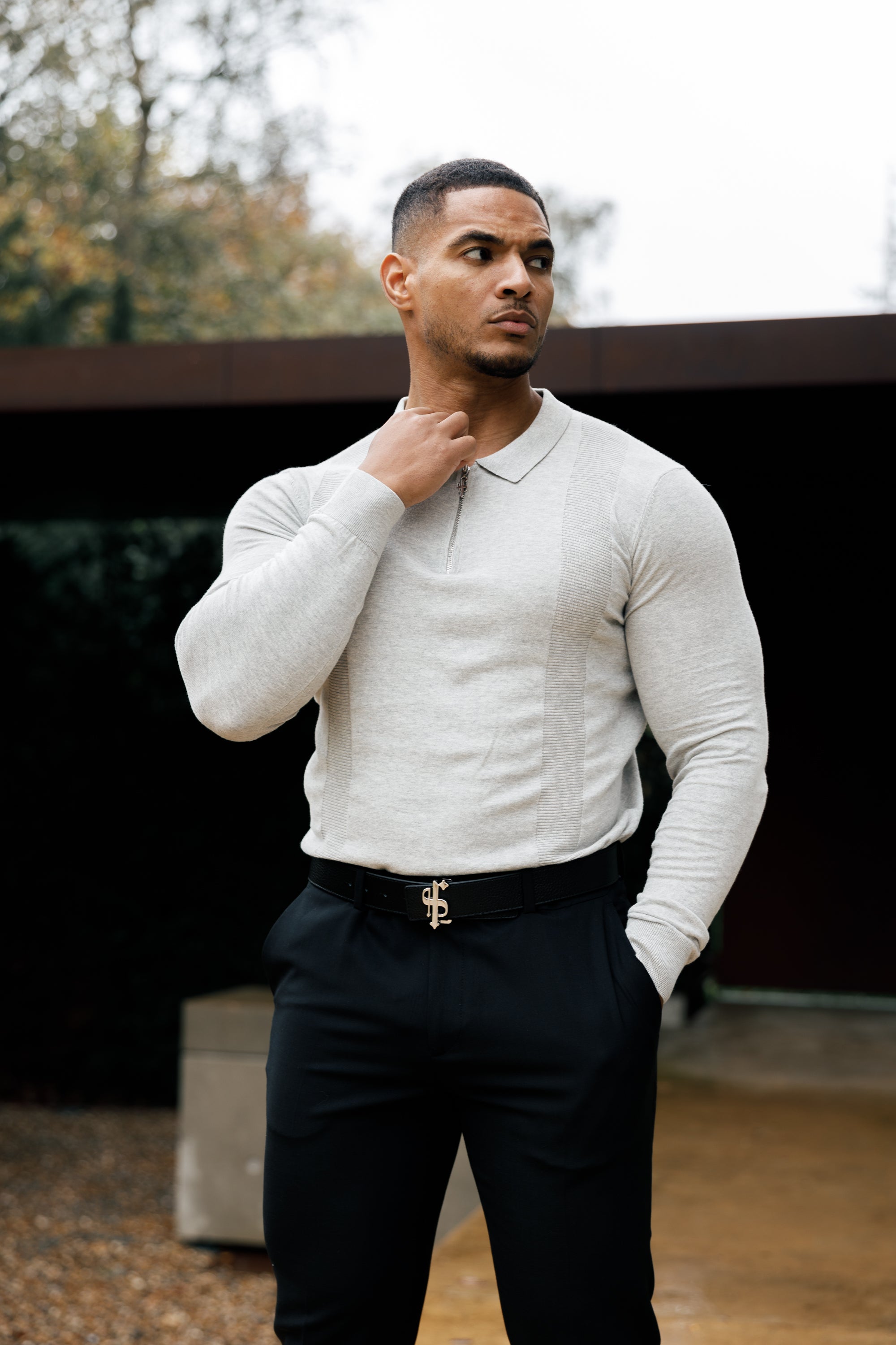 Classic Grey Marl and Silver Zip Knitted Polo Shirt Long Sleeve - FSN127