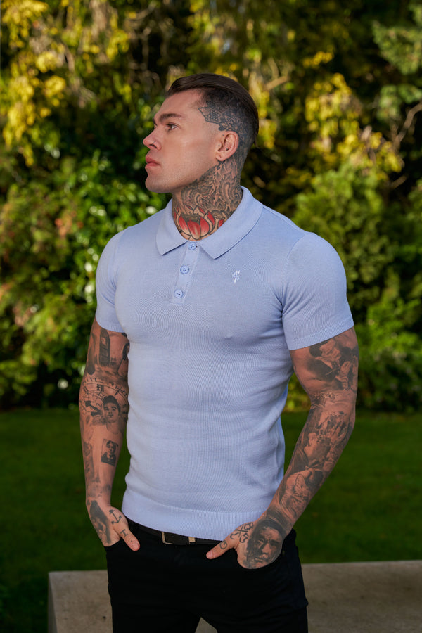 Father Sons Classic Pale Blue Knitted Polo Sweater Short Sleeve With Tonal FS Embroidery- FSN146