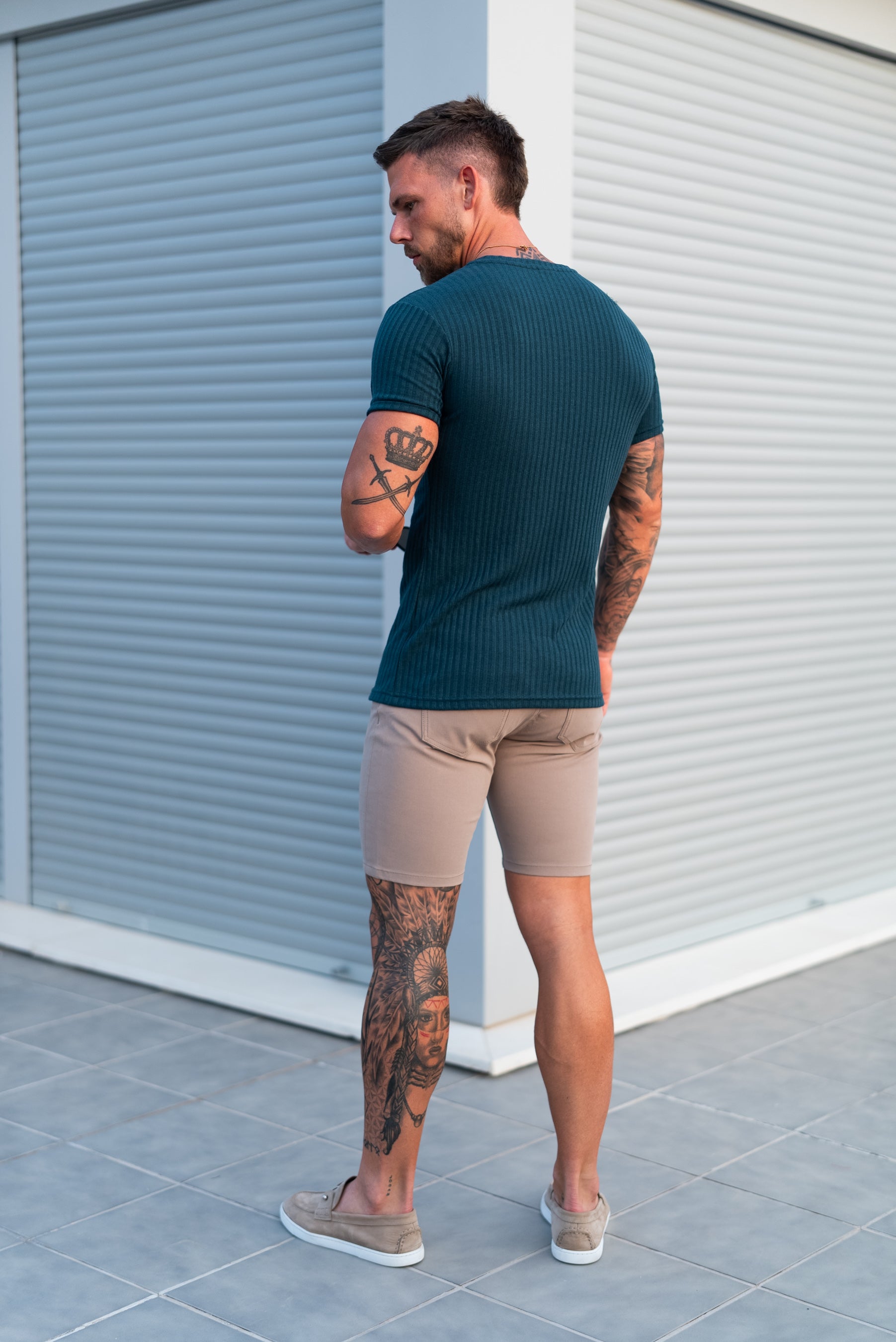 Super Slim Forest Green / Silver V Neck Ribbed Crew - FSH1368