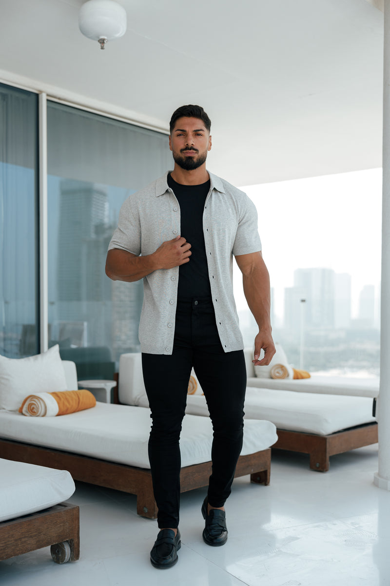 Father Sons Classic Plain Light Grey Knitted Button Through Polo Short Sleeve - FSN102