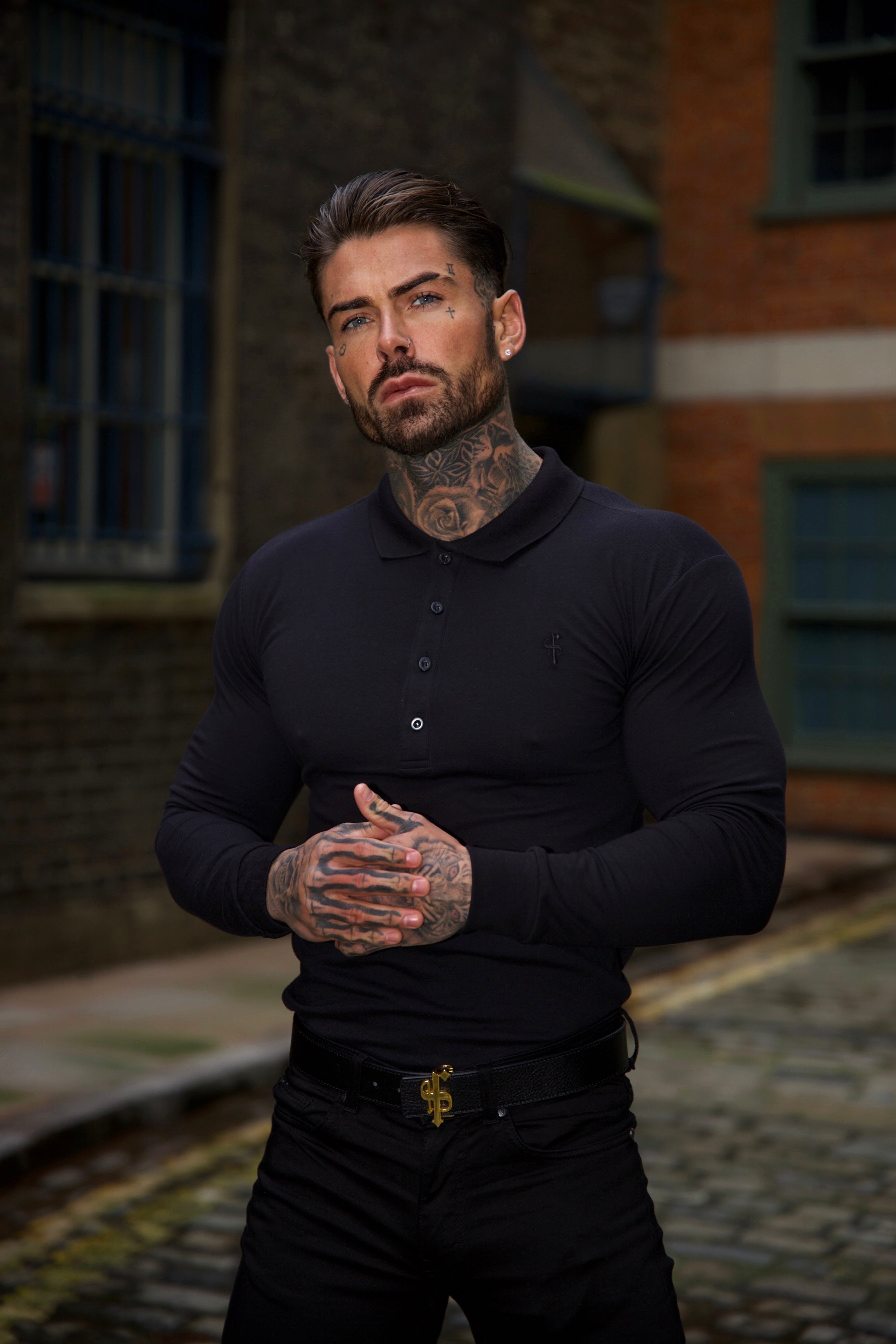 Classic Black Tonal  Polo Long Sleeve Shirt - FSH857