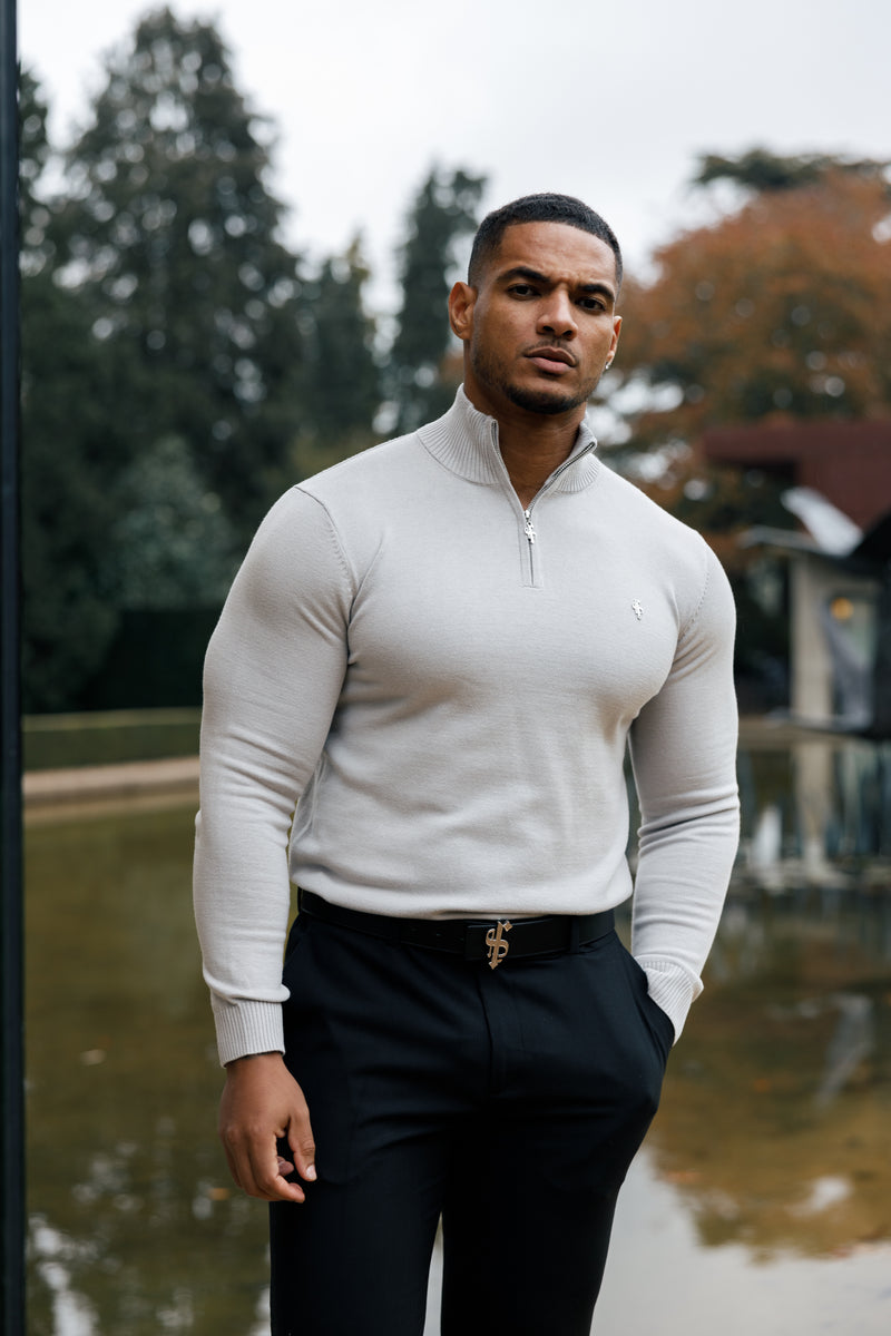 Father Sons Silver Grey Funnel Neck 1/2 Zip Knitted Sweater - FSN123