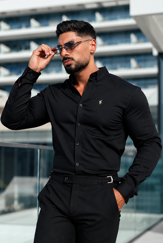 Super Slim Stretch Black Denim Long Sleeve with Gold Metal Decal and Button Down Collar - FS1040 (PRE ORDER 18TH OCTOBER)