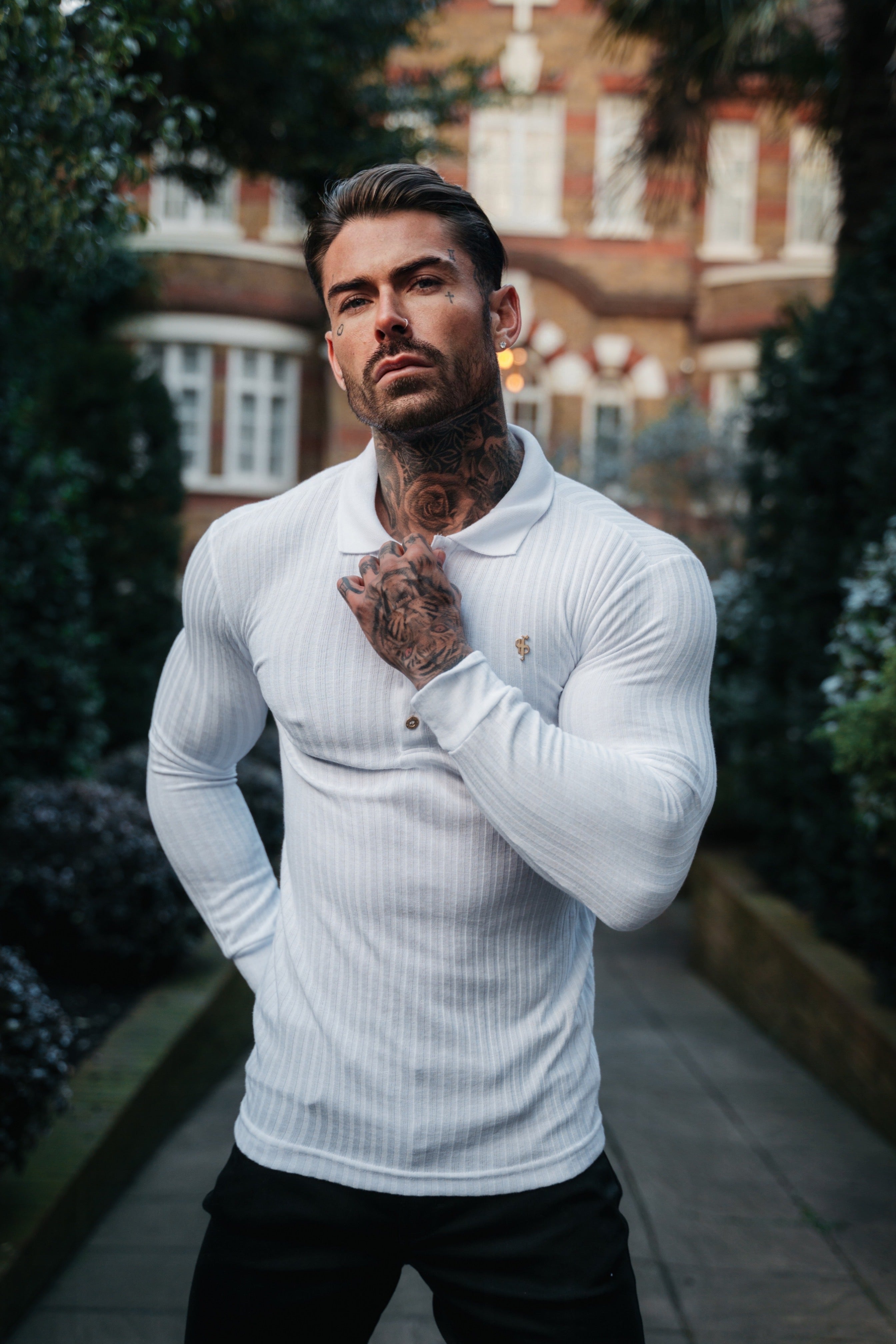 Classic White Ribbed Polo Shirt Long Sleeve With Gold Decal - FSH975