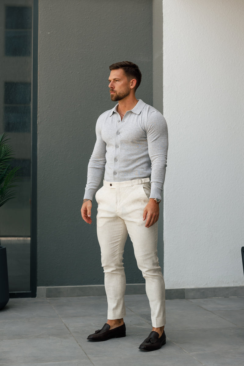 FatherSons Slim Formal Cream Linen Pants With Side Adjusters - FST020