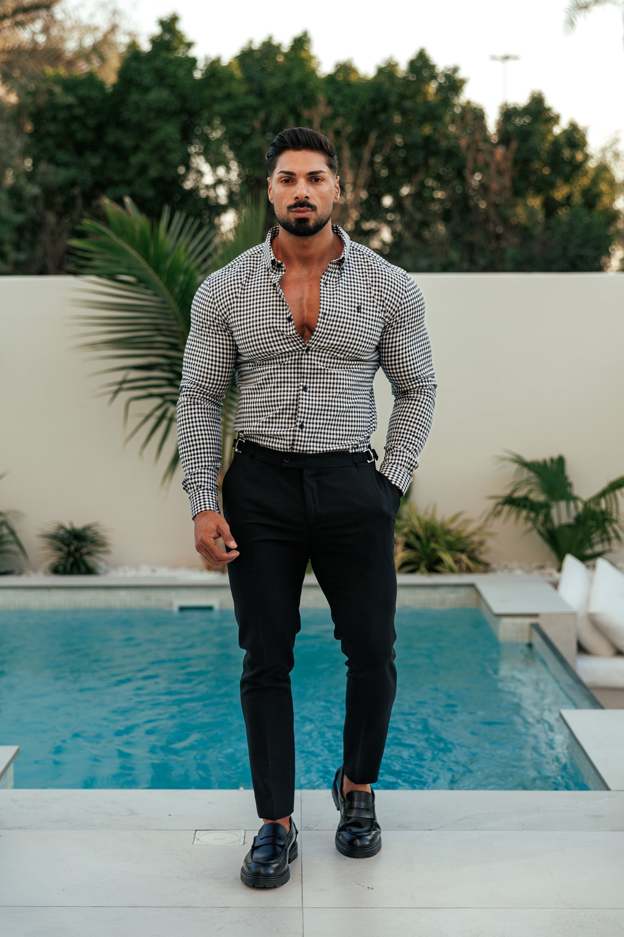 Super Slim Stretch White / Black Check Long Sleeve with Button Down Collar - FS1069