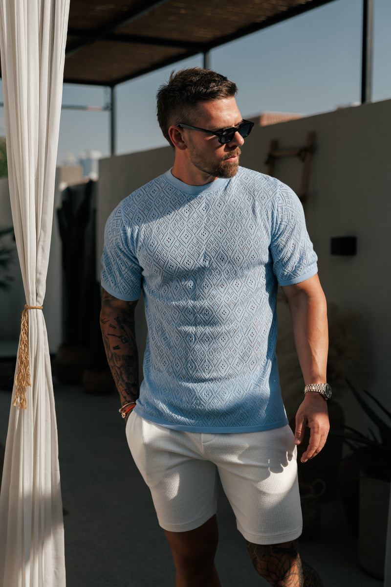 Father Sons Crochet Crew T-Shirt Blue Short Sleeve - FSJ088