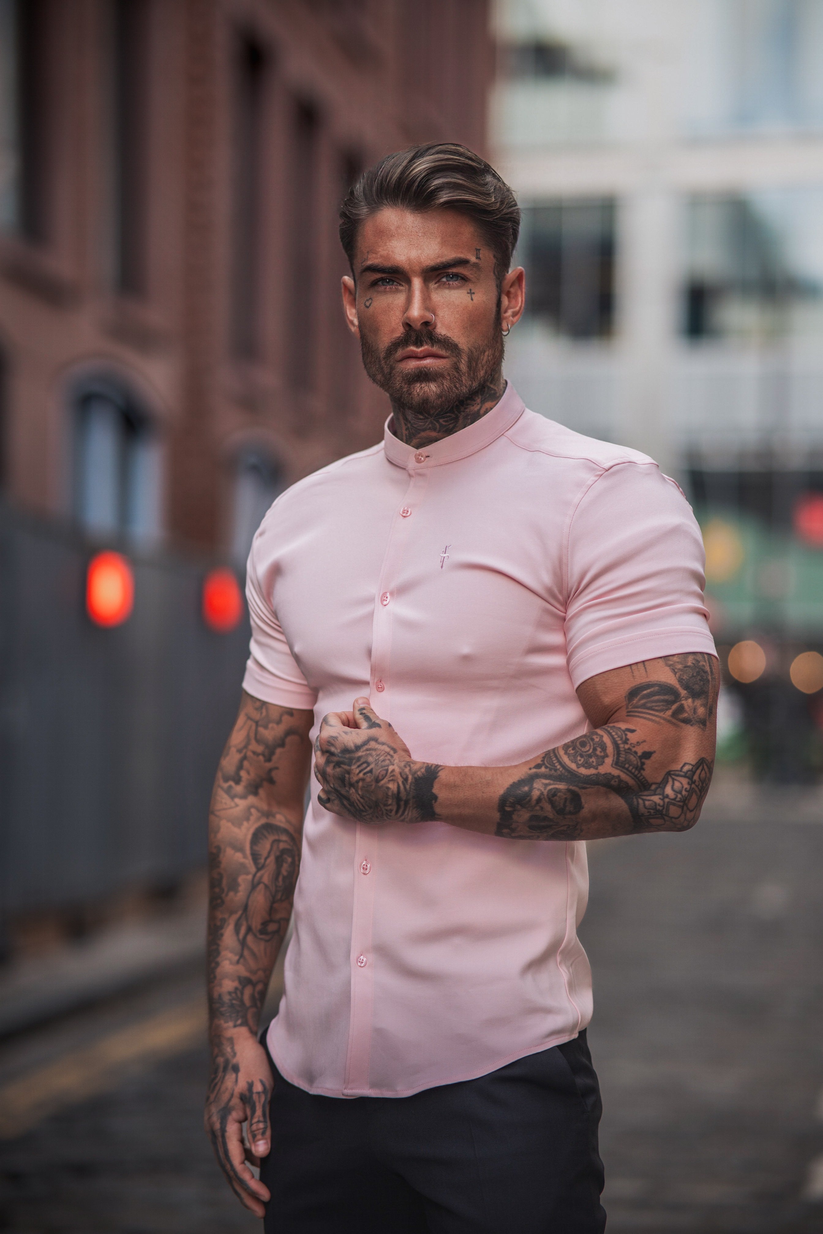 Super Slim Scuba Pink Short Sleeve Stretch With Grandad Collar - FS1005