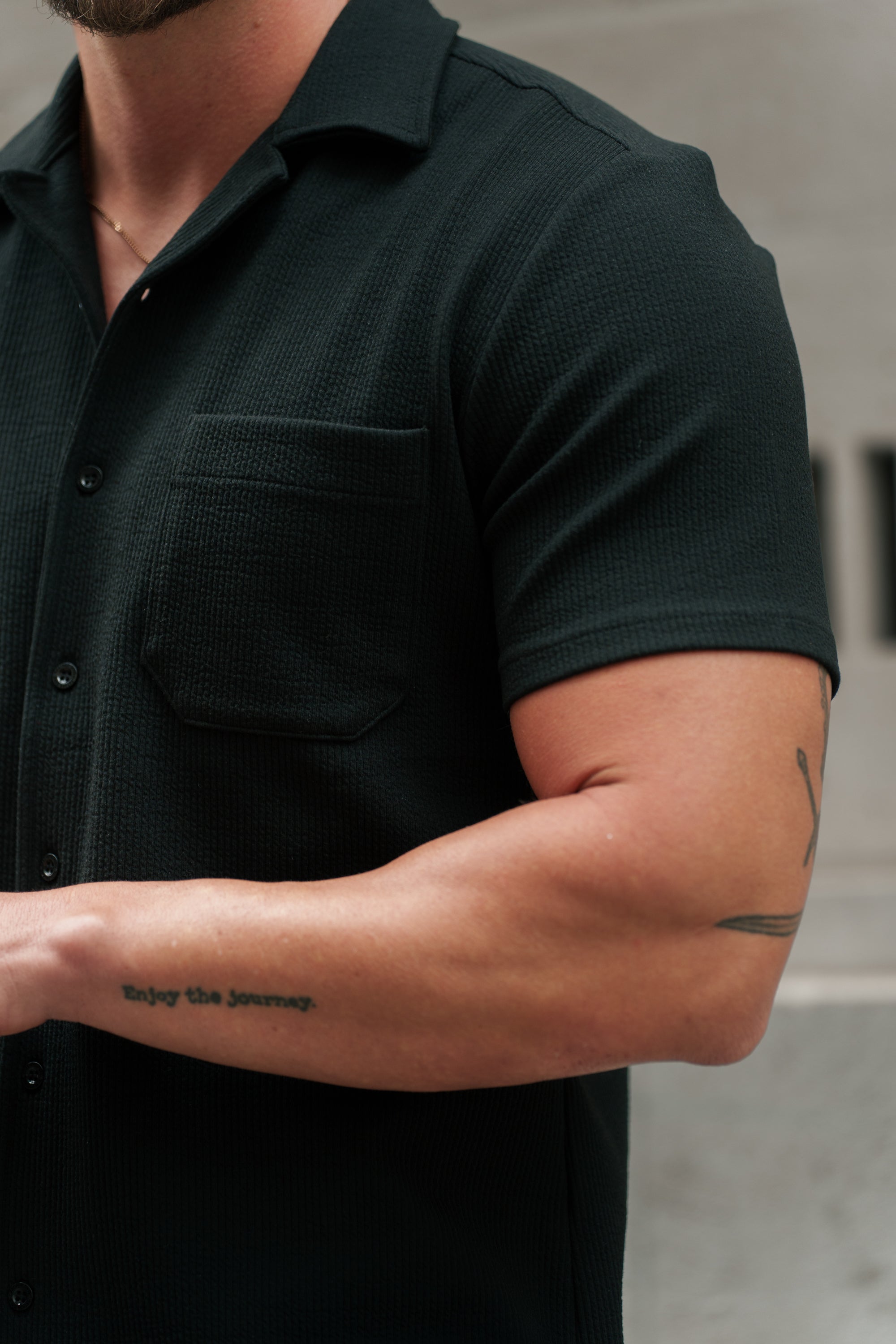 Jersey Cord Stretch Black Revere Shirt Short Sleeve - FSR018