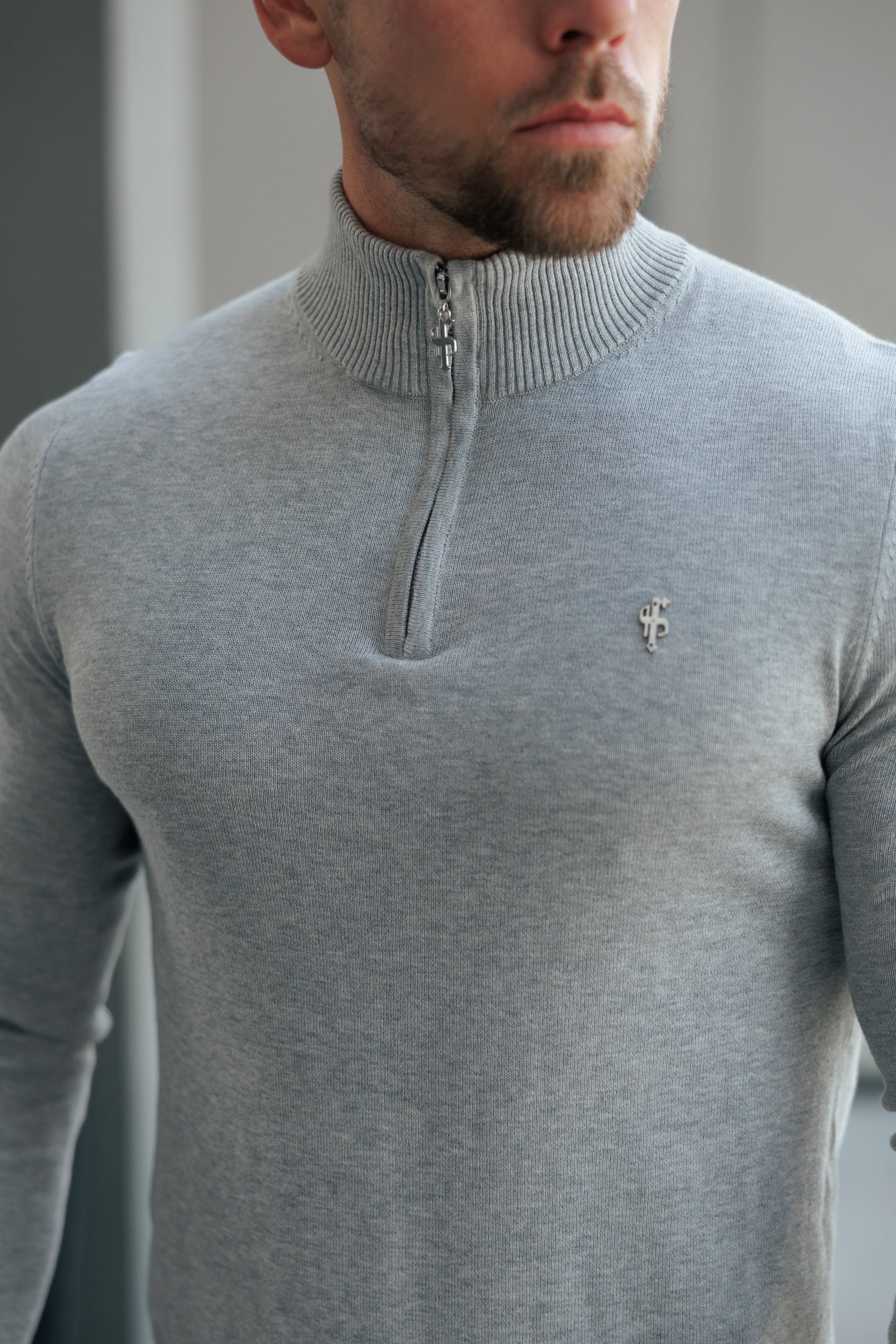 FS Light Grey Funnel Neck Knitted Jumper With FS Branding  - FSN193