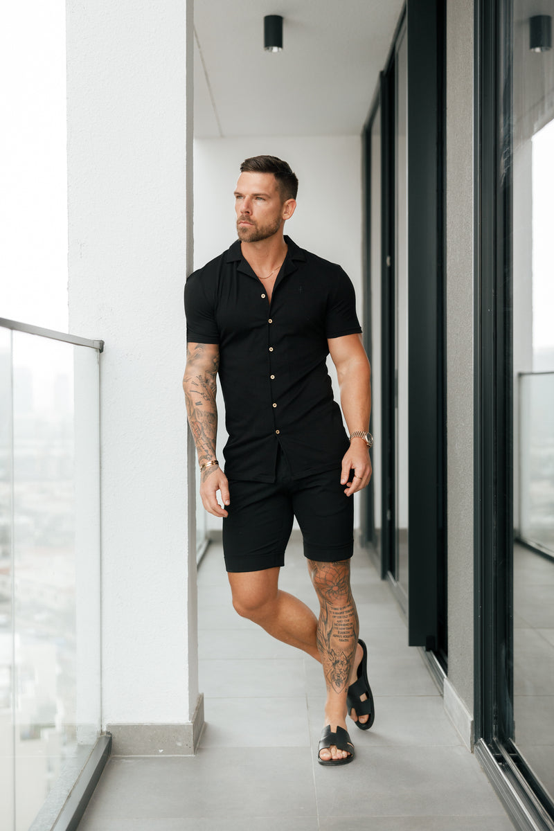 Father Sons Stretch Black / Gold Pique Revere Shirt Short Sleeve - FSH1068  (PRE ORDER 24TH MAY)