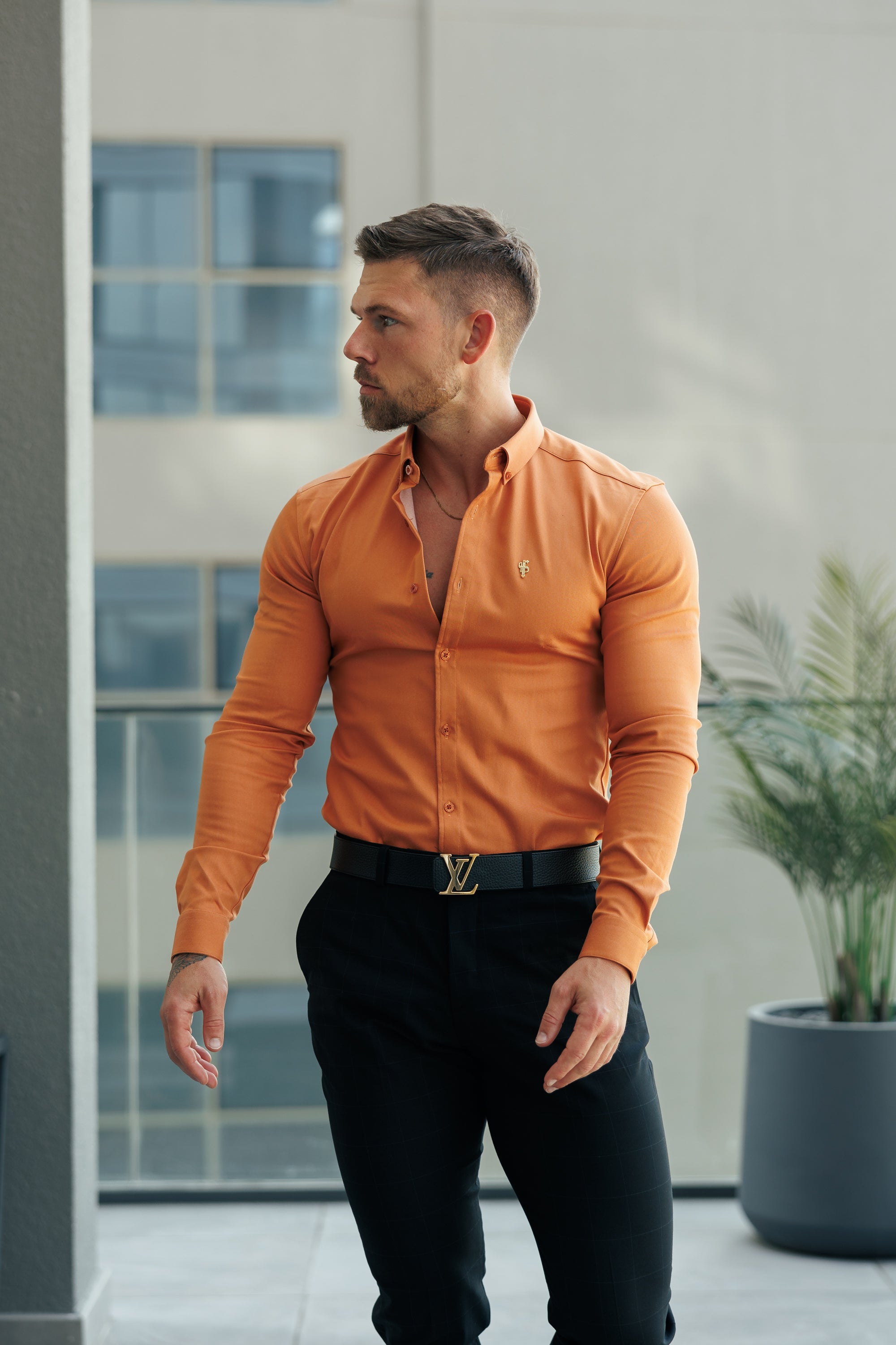 Super Slim Stretch Orange Denim Long Sleeve with Button Down Collar - FS1136