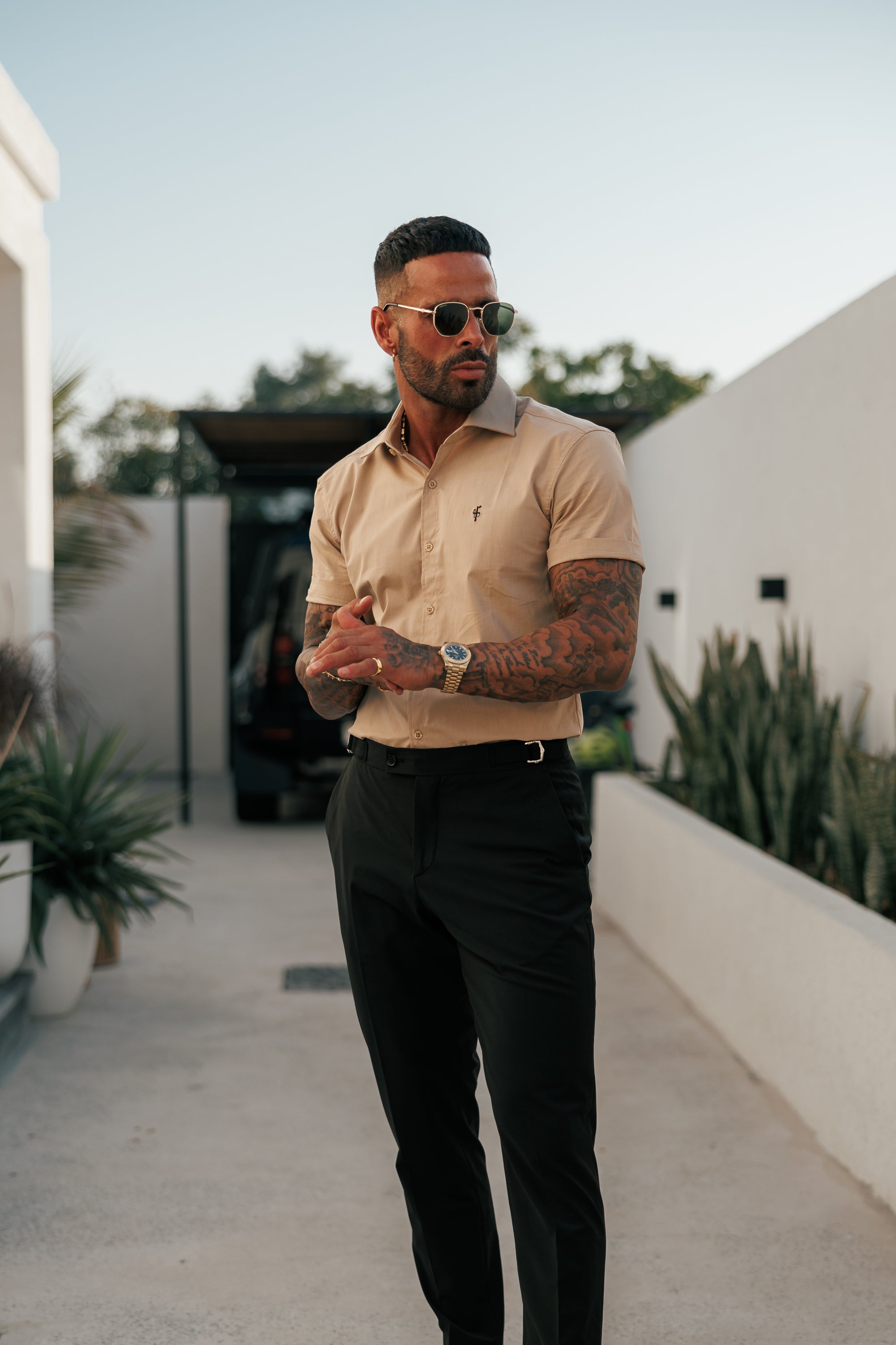 Super Slim Stretch Beige Short Sleeve with Cutaway Collar  - FS1161