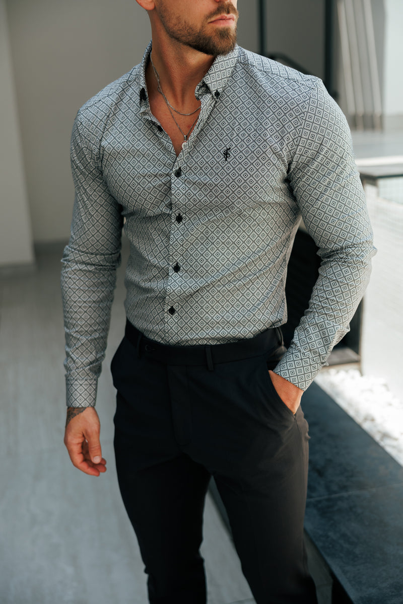 Father Sons Super Slim Stretch Black / White Diamond Print Long Sleeve with Button Down Collar - FS1226