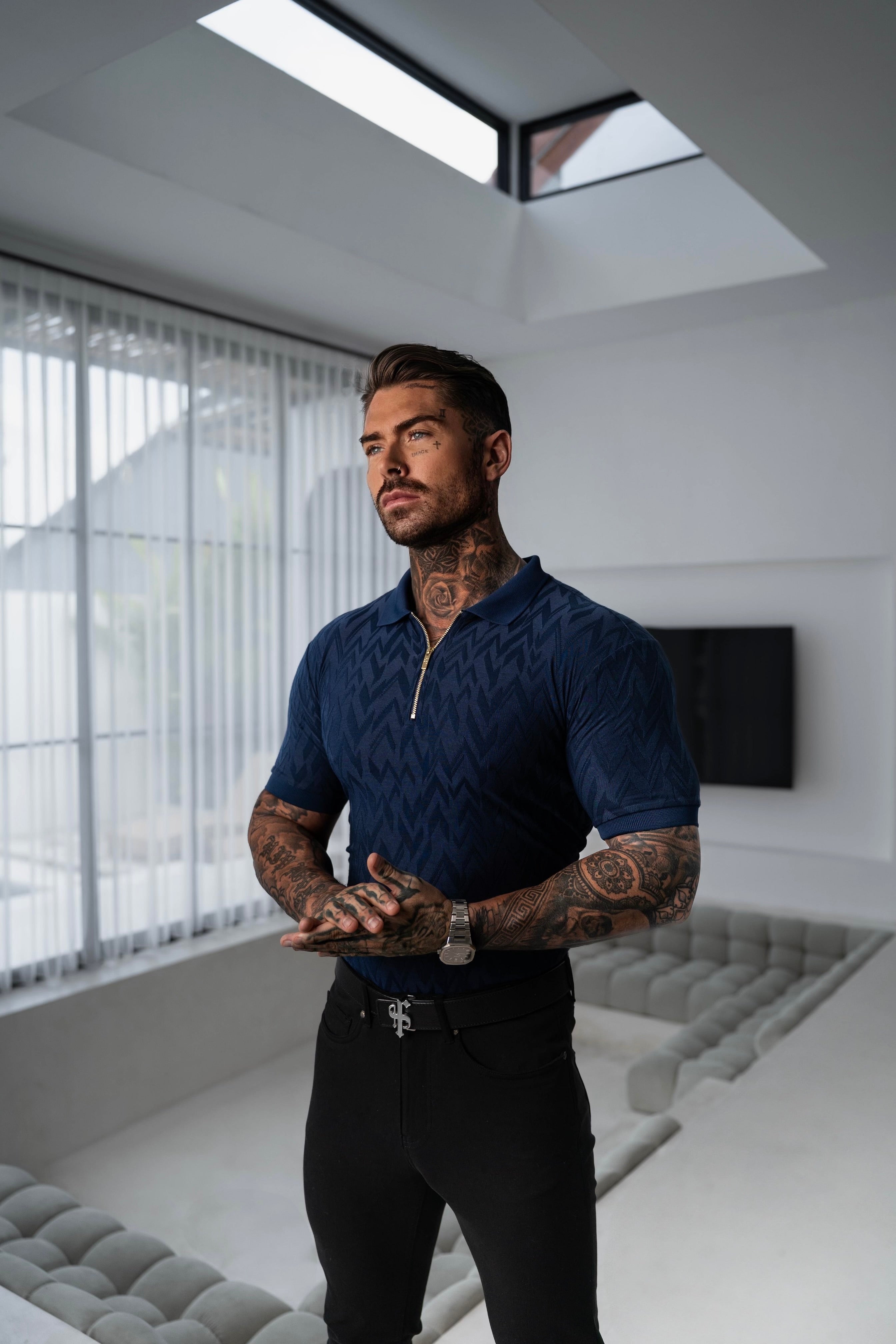 Classic Jacquard Navy Chevron Zipped Polo - FSR021