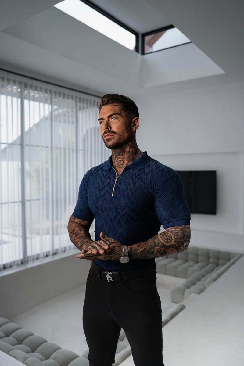 Father Sons Classic Jacquard Navy Chevron Zipped Polo - FSR021