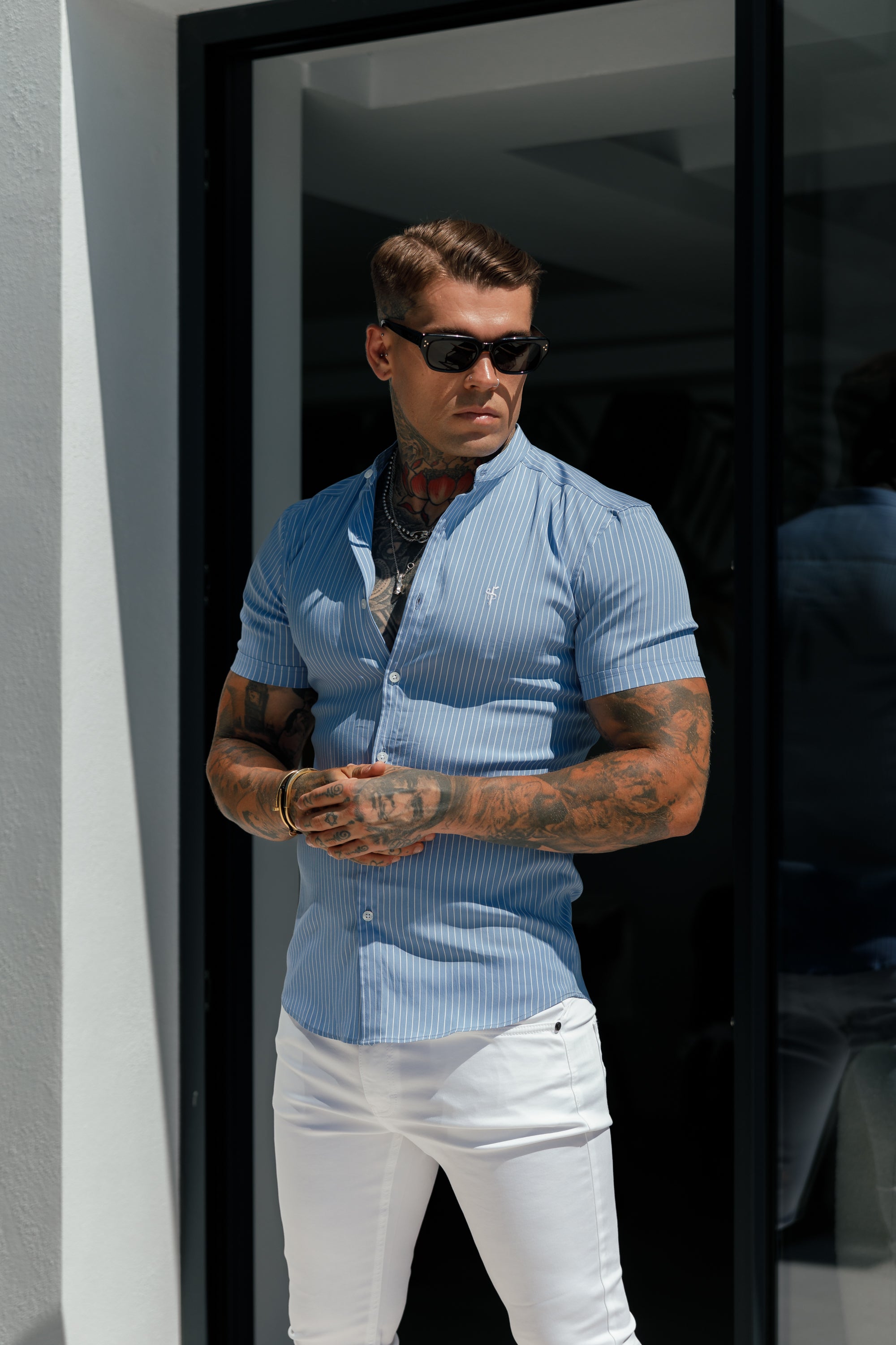 Super Slim Stretch Light Blue Printed Pinstripe Short Sleeve with Grandad Collar - FS1060