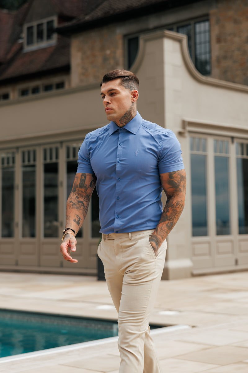 Father Sons Muscle Fit Advanced Stretch Mid Blue Short Sleeve with Cutaway Collar - FS1203