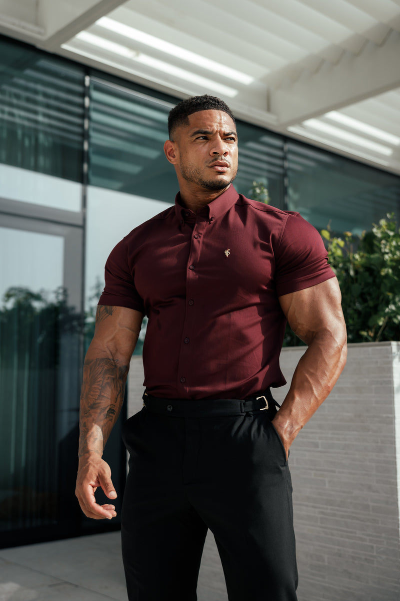 Father Sons Super Slim Stretch Burgundy Denim Short Sleeve with Gold Metal Decal and Button Down Collar - FS1045